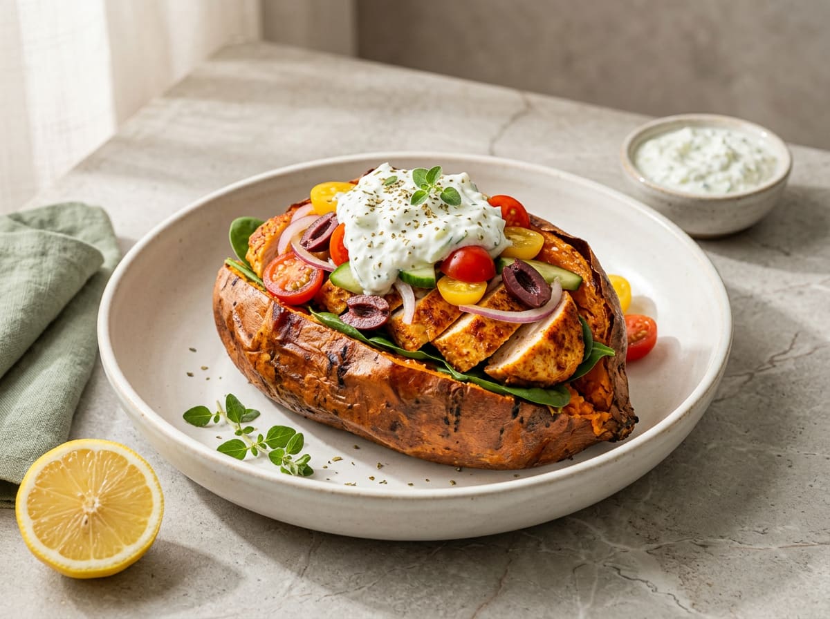 Greek Style Loaded Sweet Potato & Herby Chicken