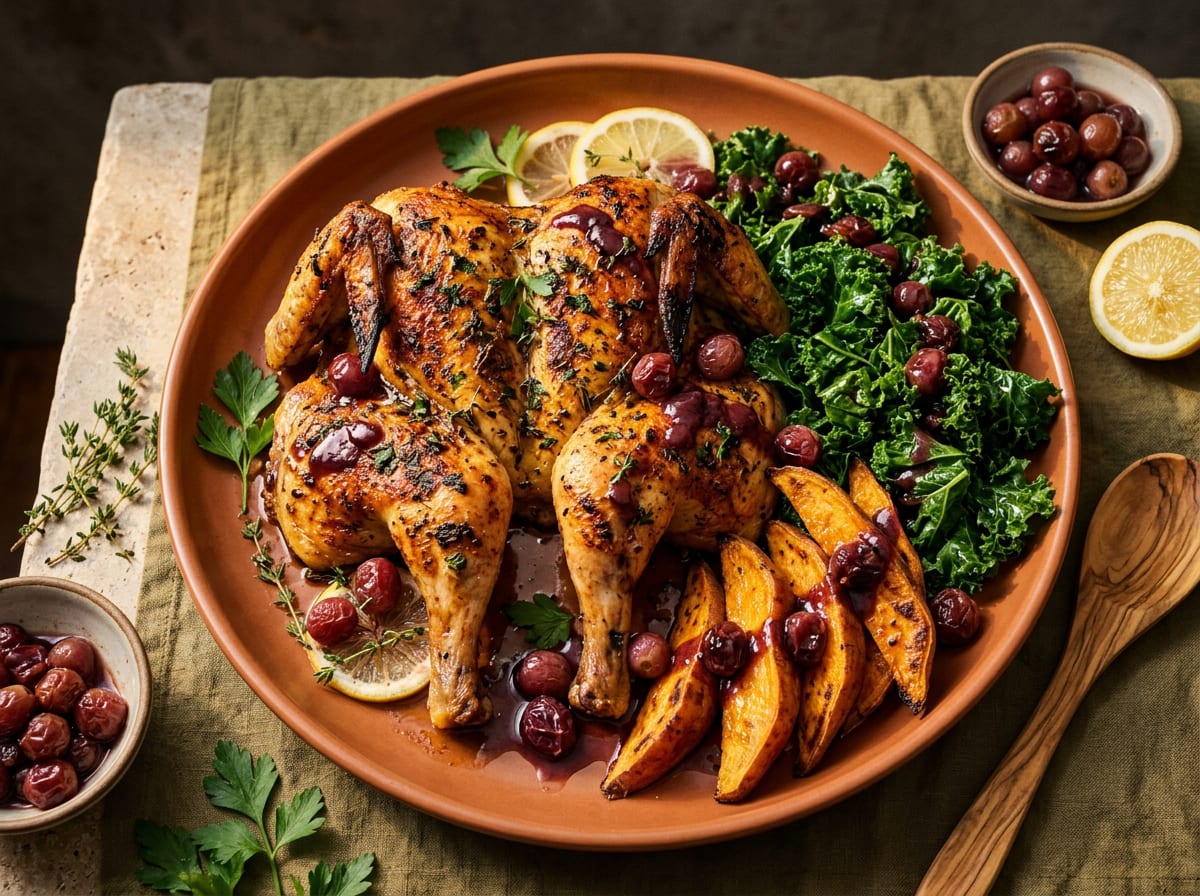 Lemon Herb Roast Spatchcock Chicken with Sweet Potato, Kale & Grape Vinaigrette
