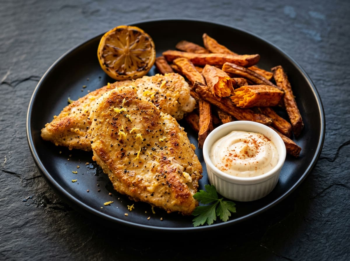 Lemon Pepper Chicken, Sweet Potato Fries & Smoked Garlic Aioli