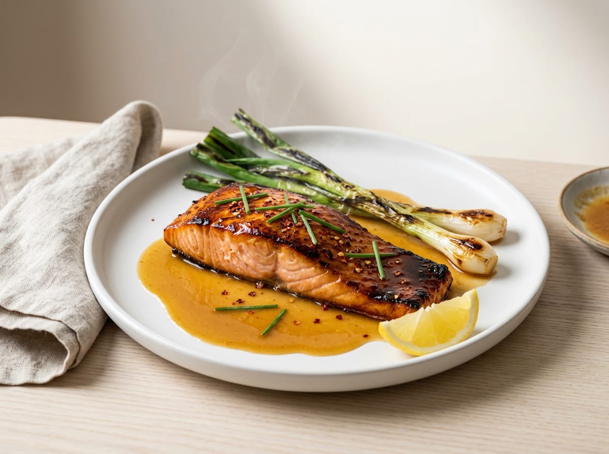 Miso Baked Salmon with Grilled Spring Onions