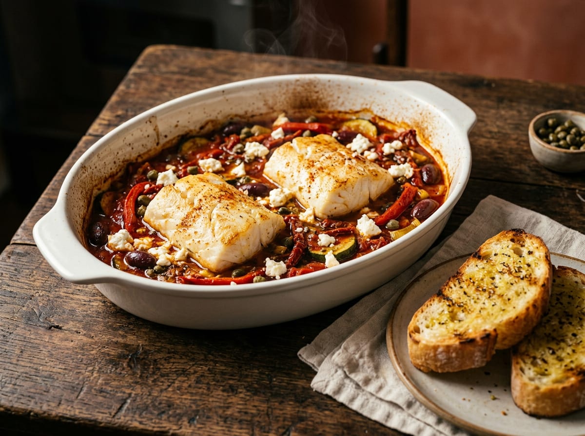 One-Pan Puttanesca Cod with Olive Oil Garlic Bread