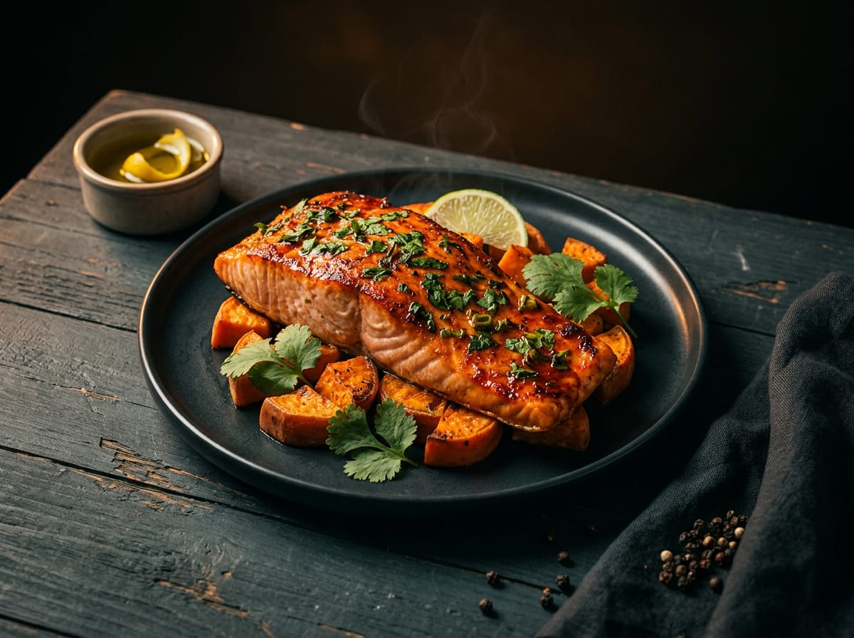Seattle-Style Roast Salmon with Sweet Potato & Roasted Pak Choi