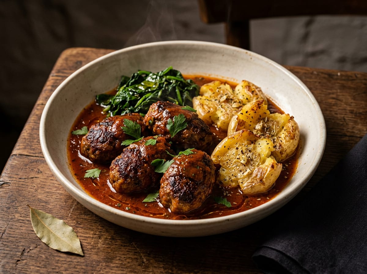 Soutzoukakia Smyrneika (Spiced Meatballs in Tomato Sauce)