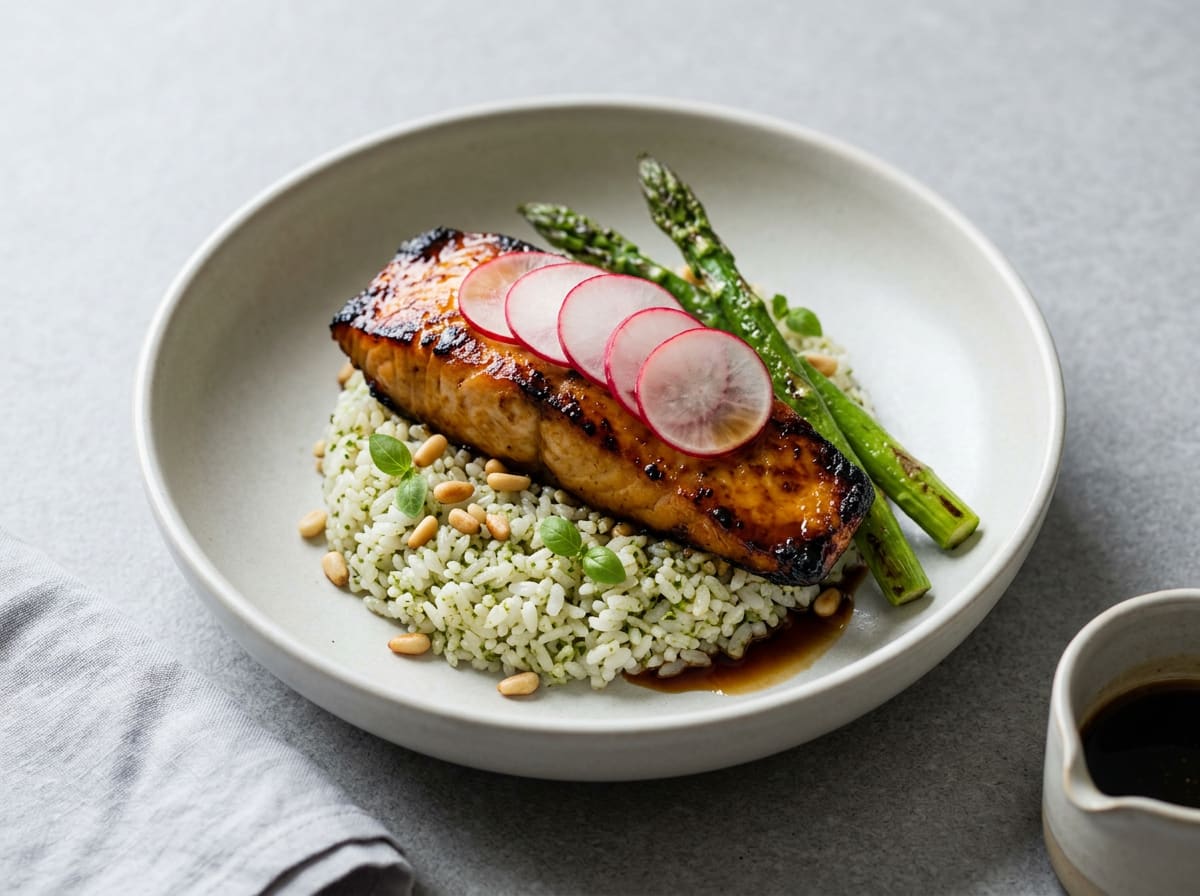 Summer Miso Marinated Sea Bass with Radish Pesto Rice