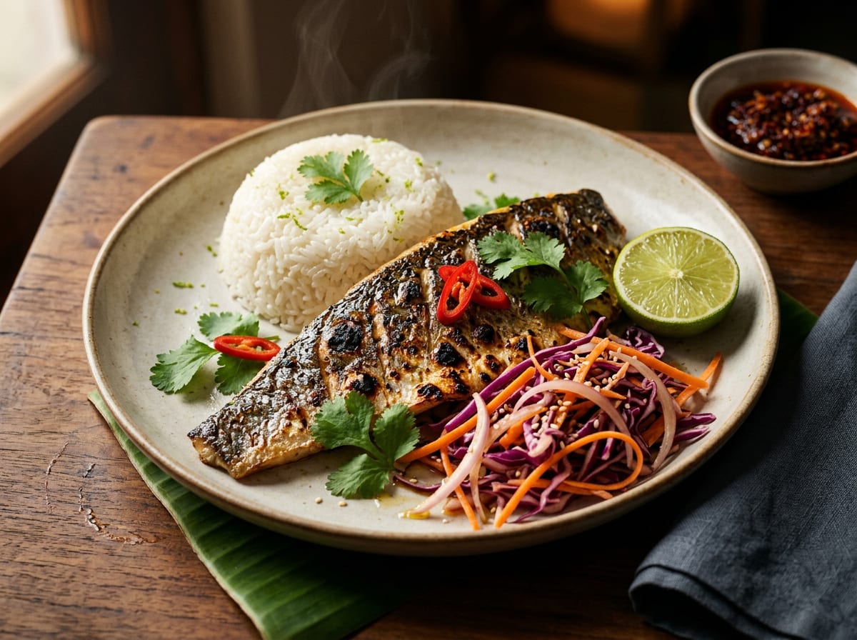Thai-Inspired Grilled Fish with Coconut-Lime Rice & Asian Slaw