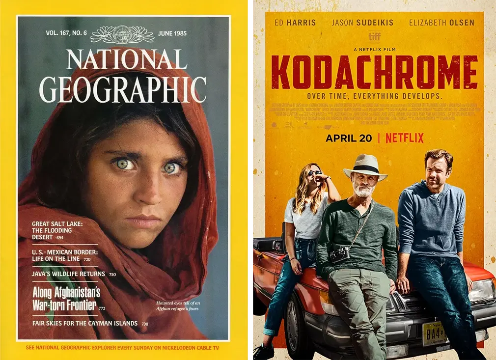 National Geographic Afghan Girl cover and Kodachrome Netflix movie poster