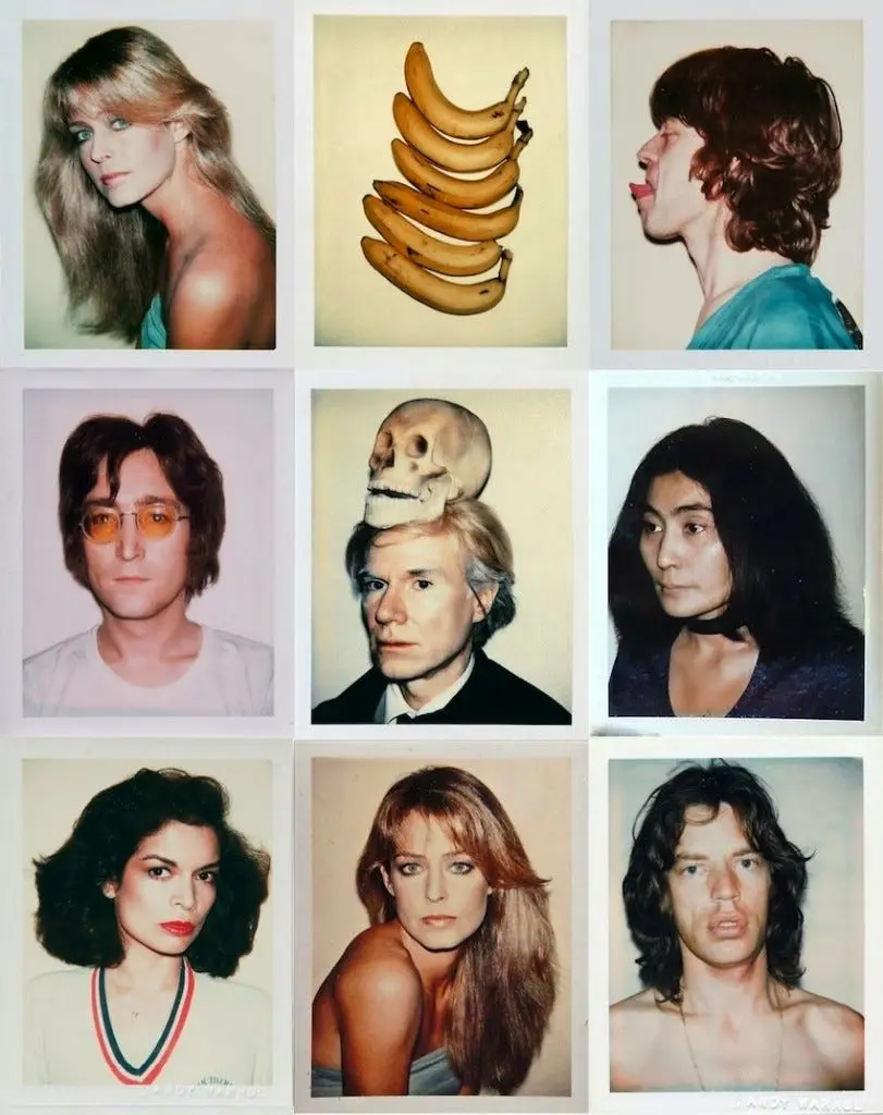Polaroid portraits by Andy Warhol featuring celebrities including Mick Jagger, John Lennon, and Yoko Ono