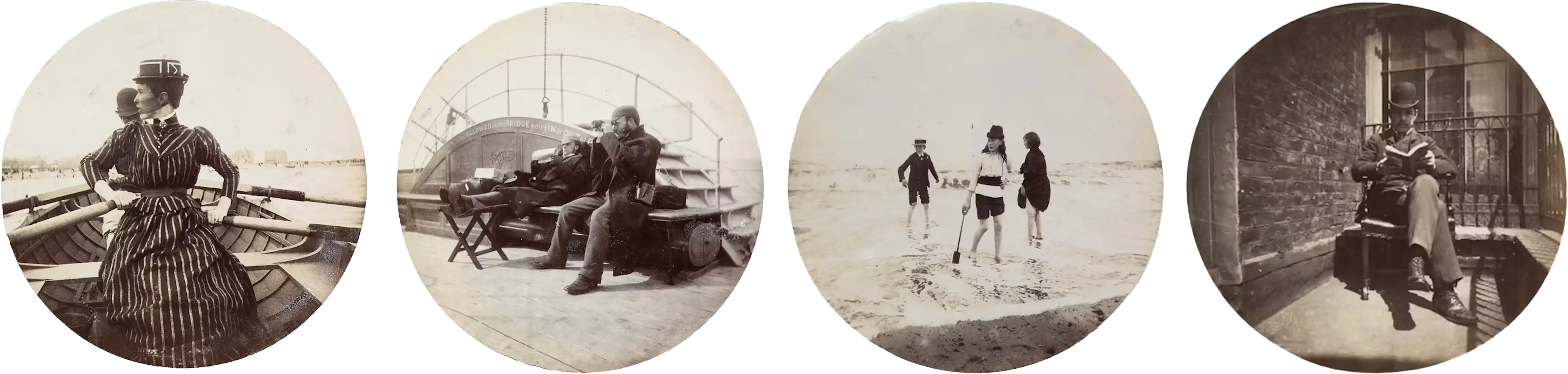 Early Kodak circular snapshots featuring leisure activities, circa 1888-1889