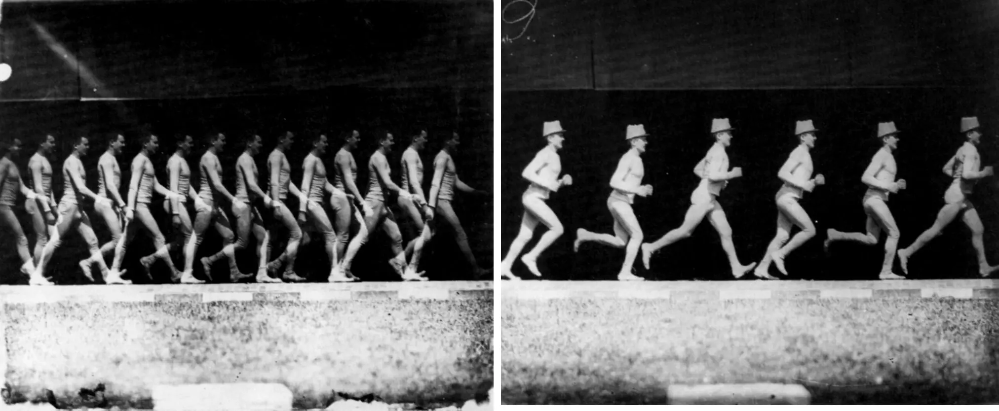 Étienne-Jules Marey's chronophotographs of a man walking and running, circa 1880s