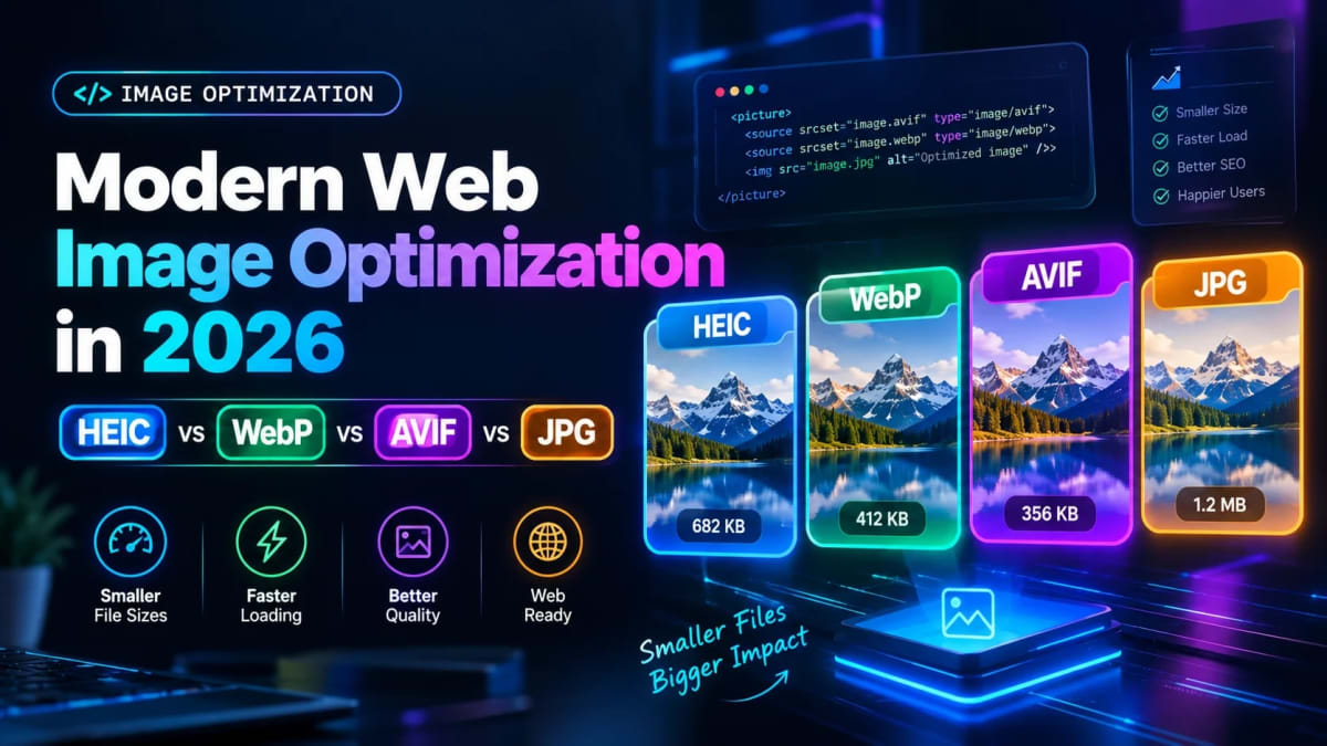 Modern Web Image Optimization in 2026: HEIC vs WebP vs AVIF vs JPG