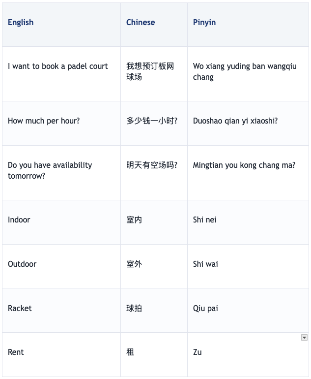 Handy Chinese phrases for playing padel in Shenzhen