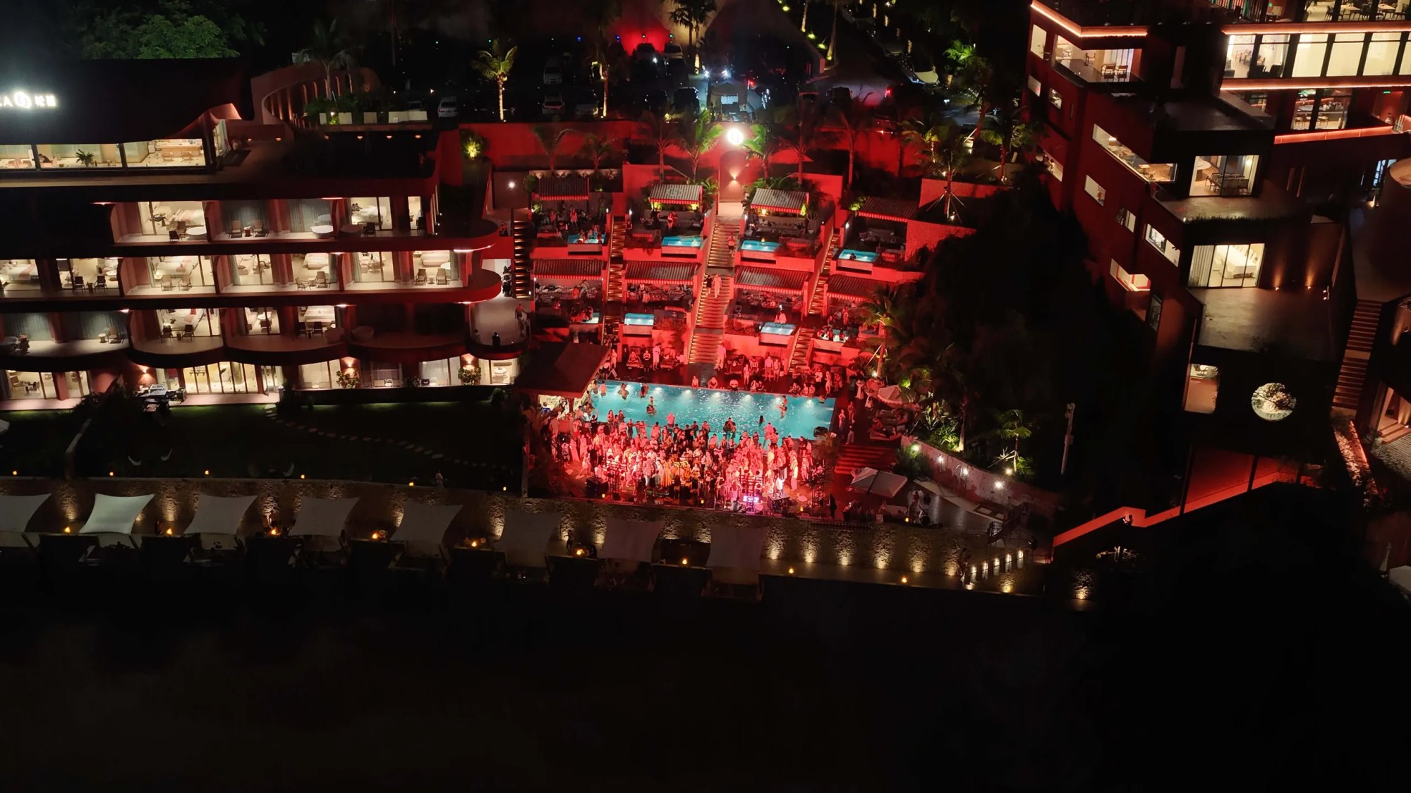 Aerial view of the OURS pool party at SENSEA in Shenzhen