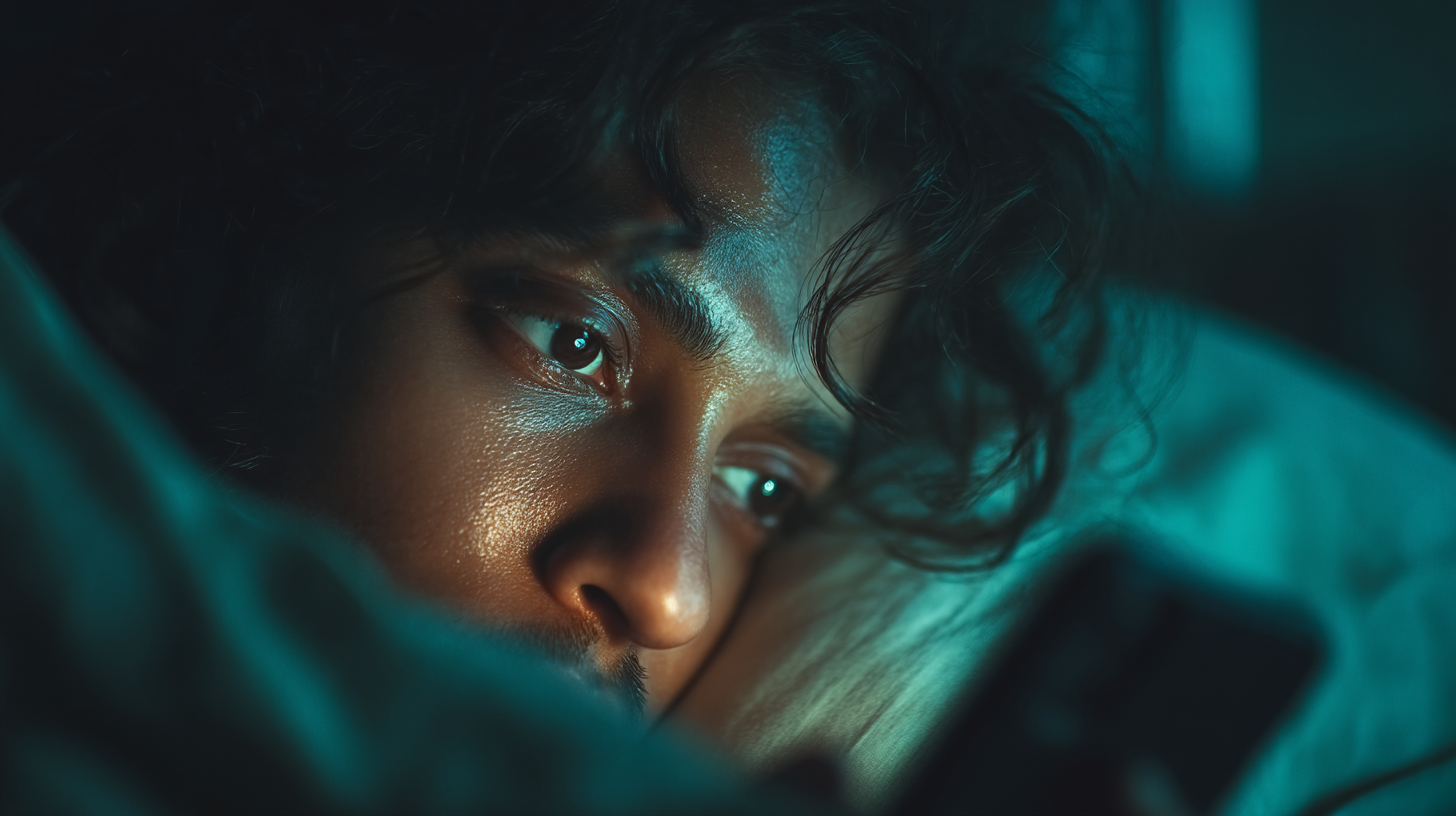 Person in dark bedroom scrolling phone, blue screen glow in darkness