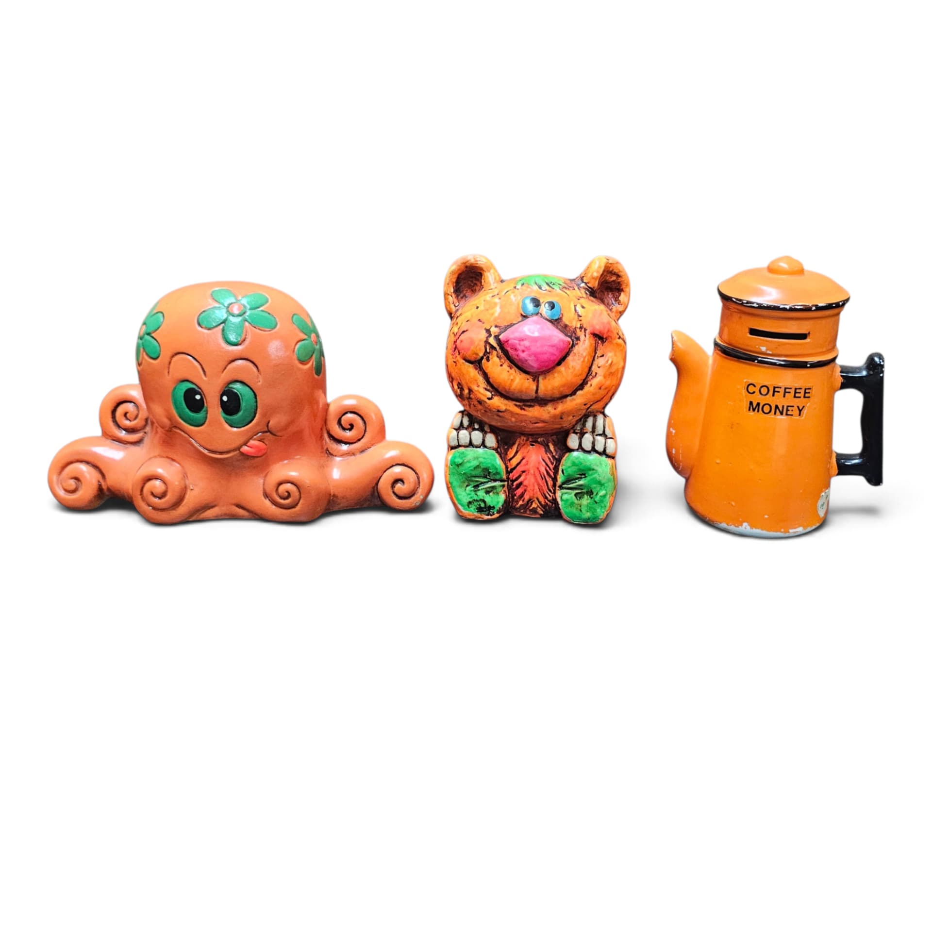 Vintage 1970s Ceramic Novelty Coin Banks Lot of 3 Octopus Bear Coffee Money