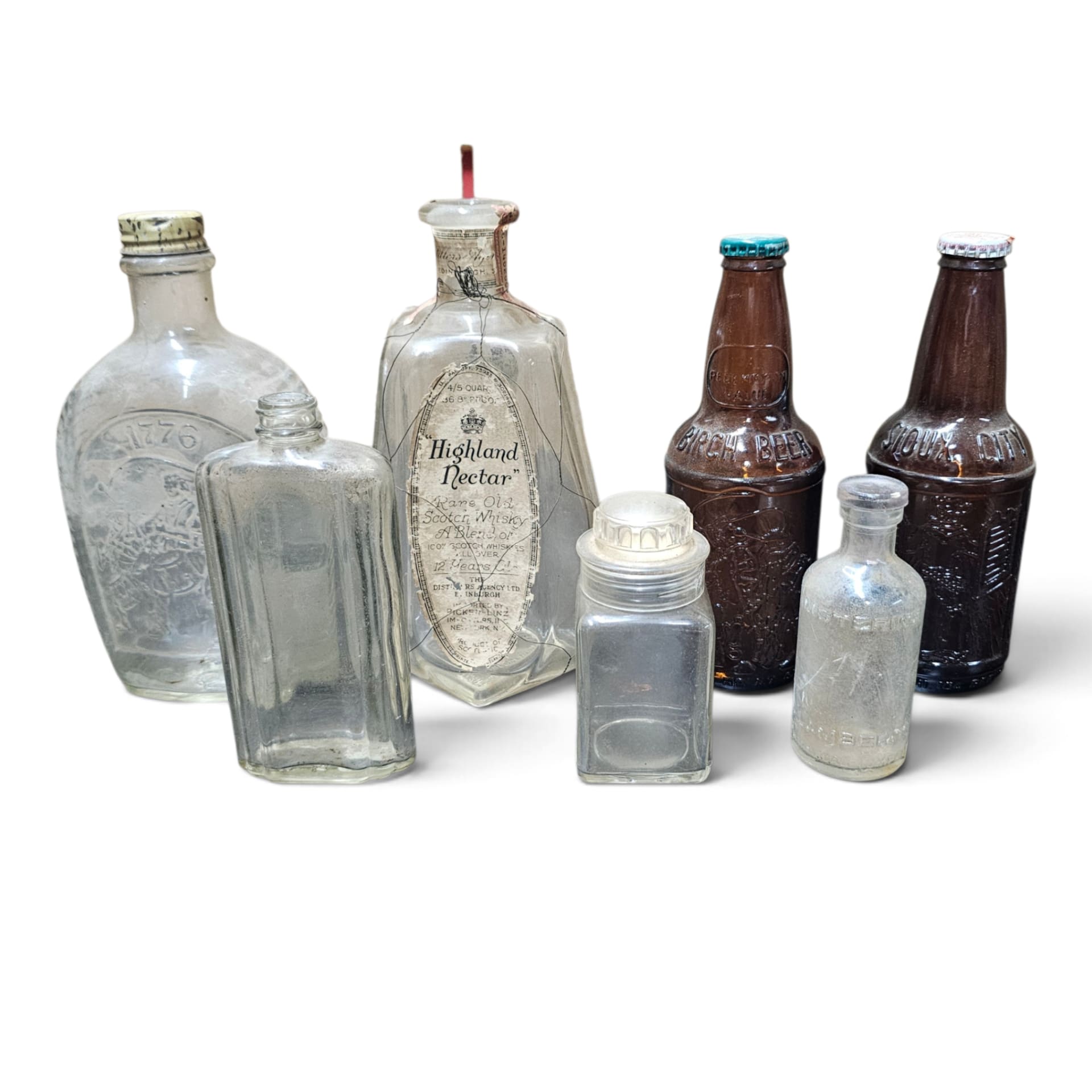 Vintage Mixed Glass Bottle Lot 6-Pc Highland Nectar Sioux City Listerine