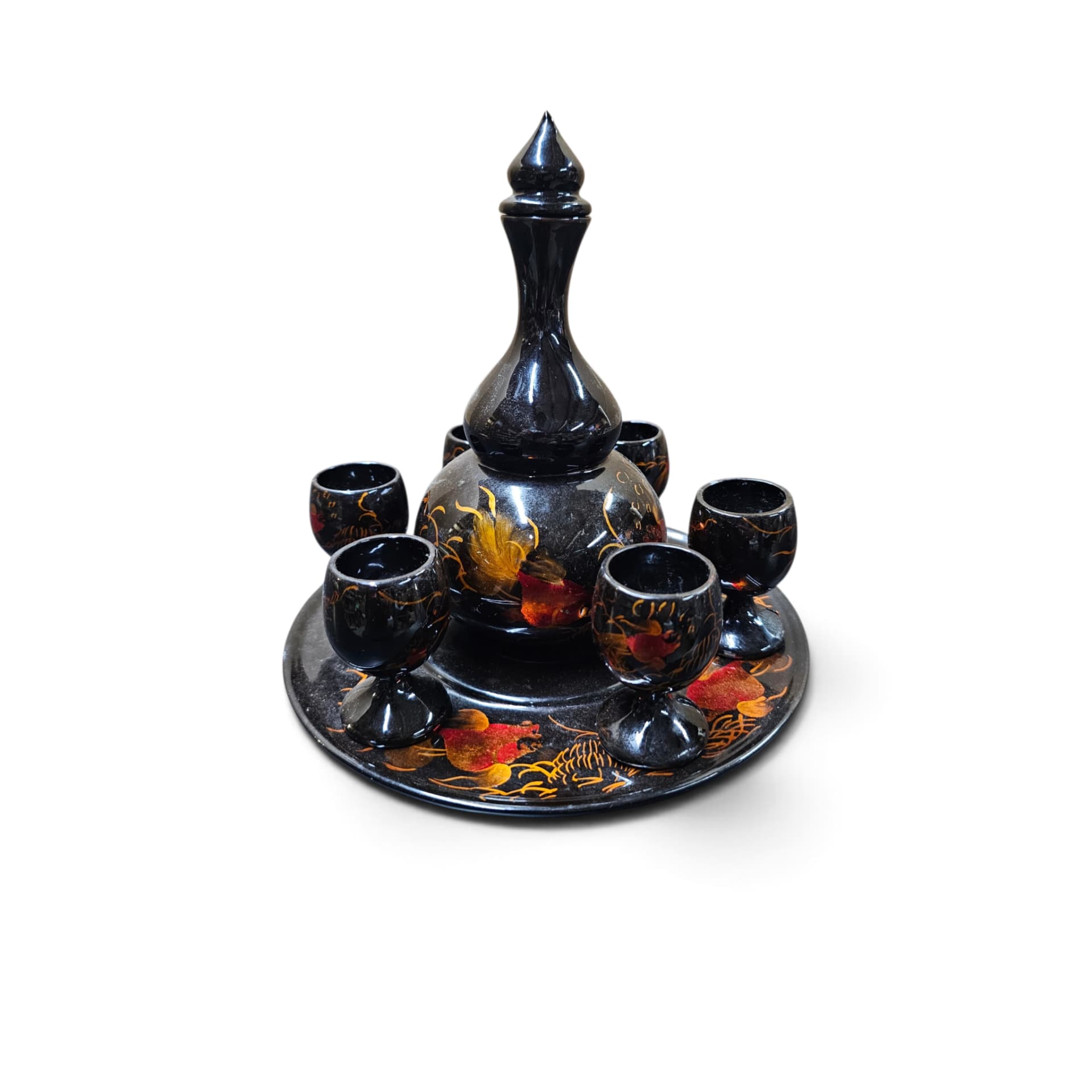 Vintage Black Lacquer-Style Sake Liqueur Set Goldfish Motif 8-Piece