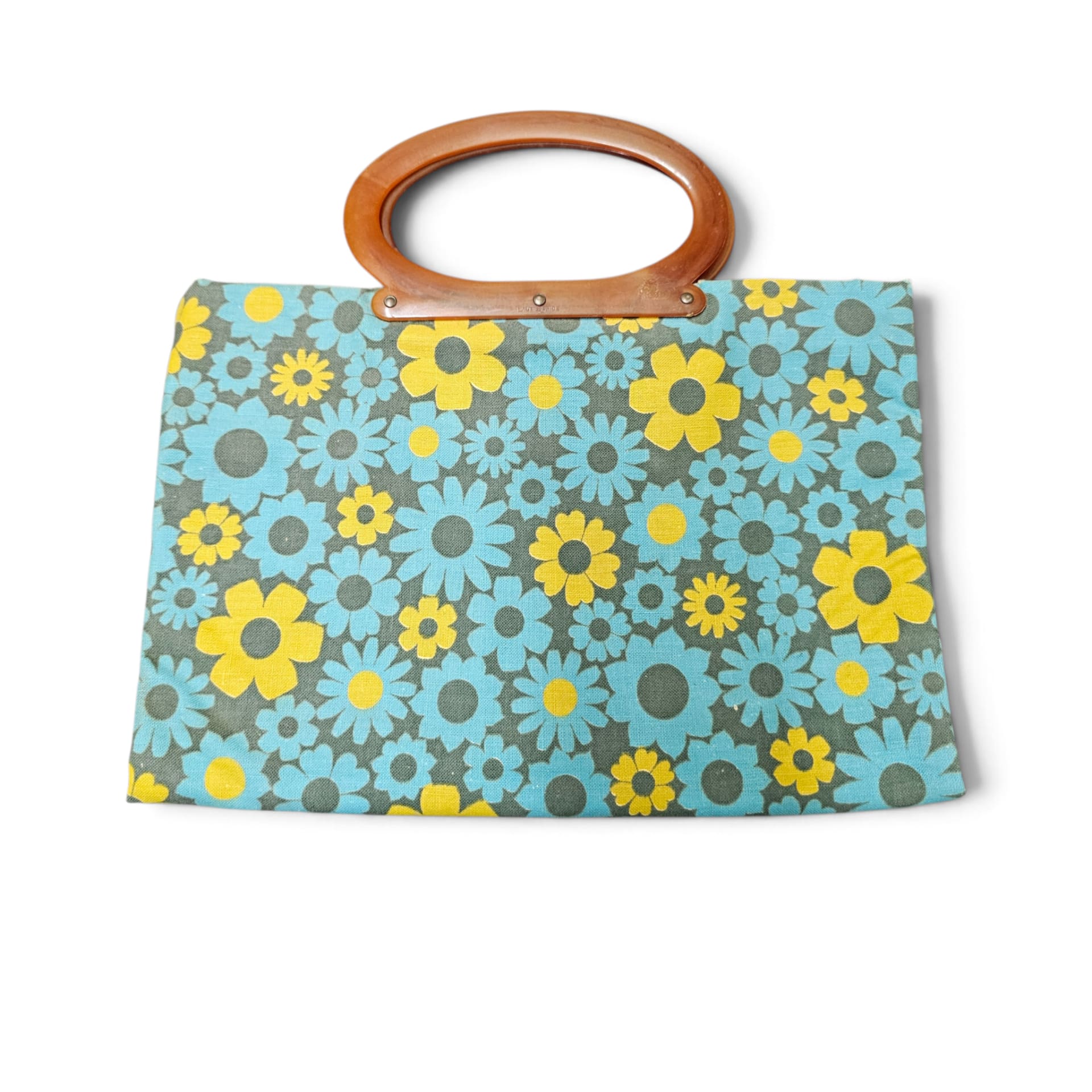 Lady's Pride Mod Floral Blue Yellow Canvas Tote Bag Rigid Amber Handles