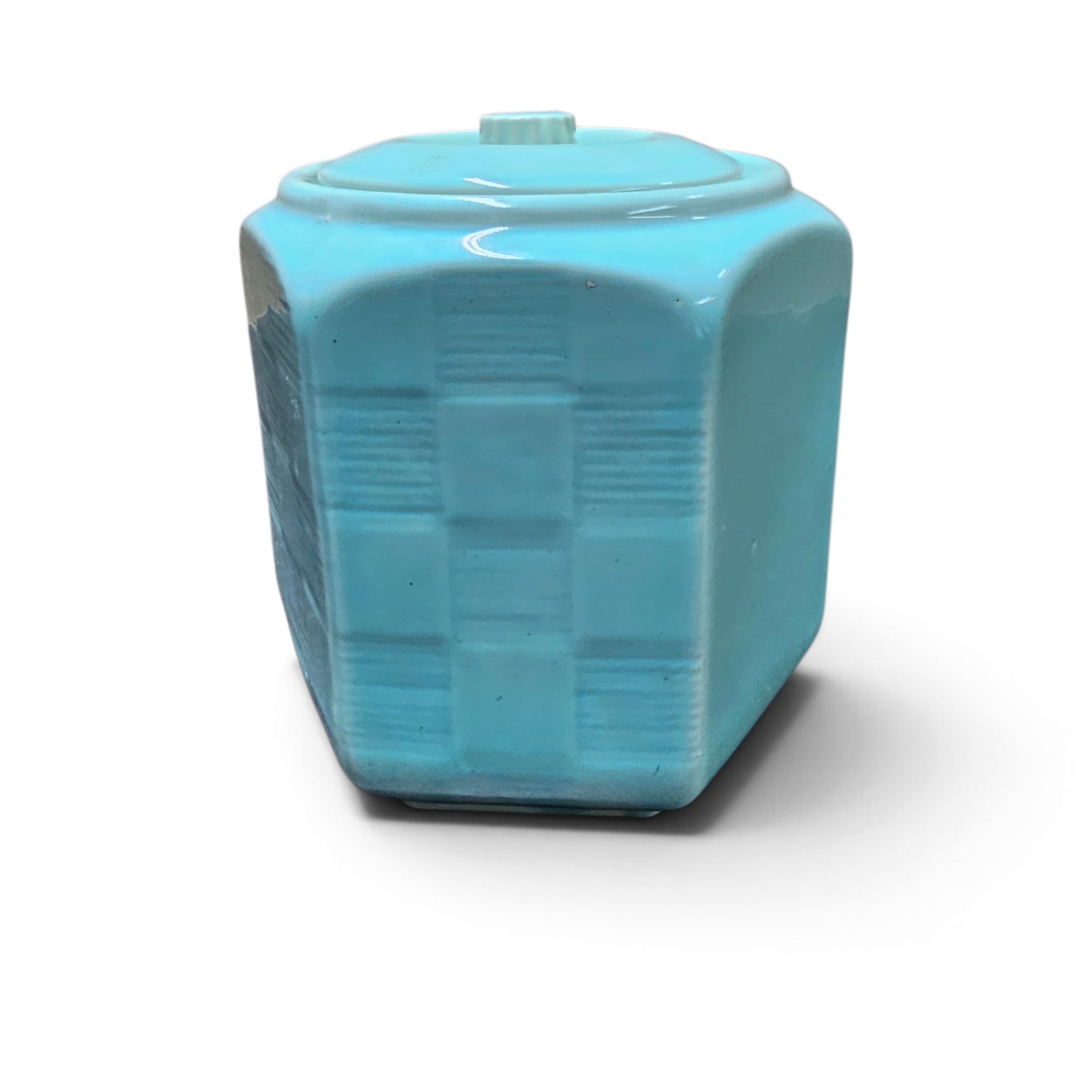 Vintage Turquoise Ceramic Hexagon Canister Jar Embossed Pattern USA 7 inch