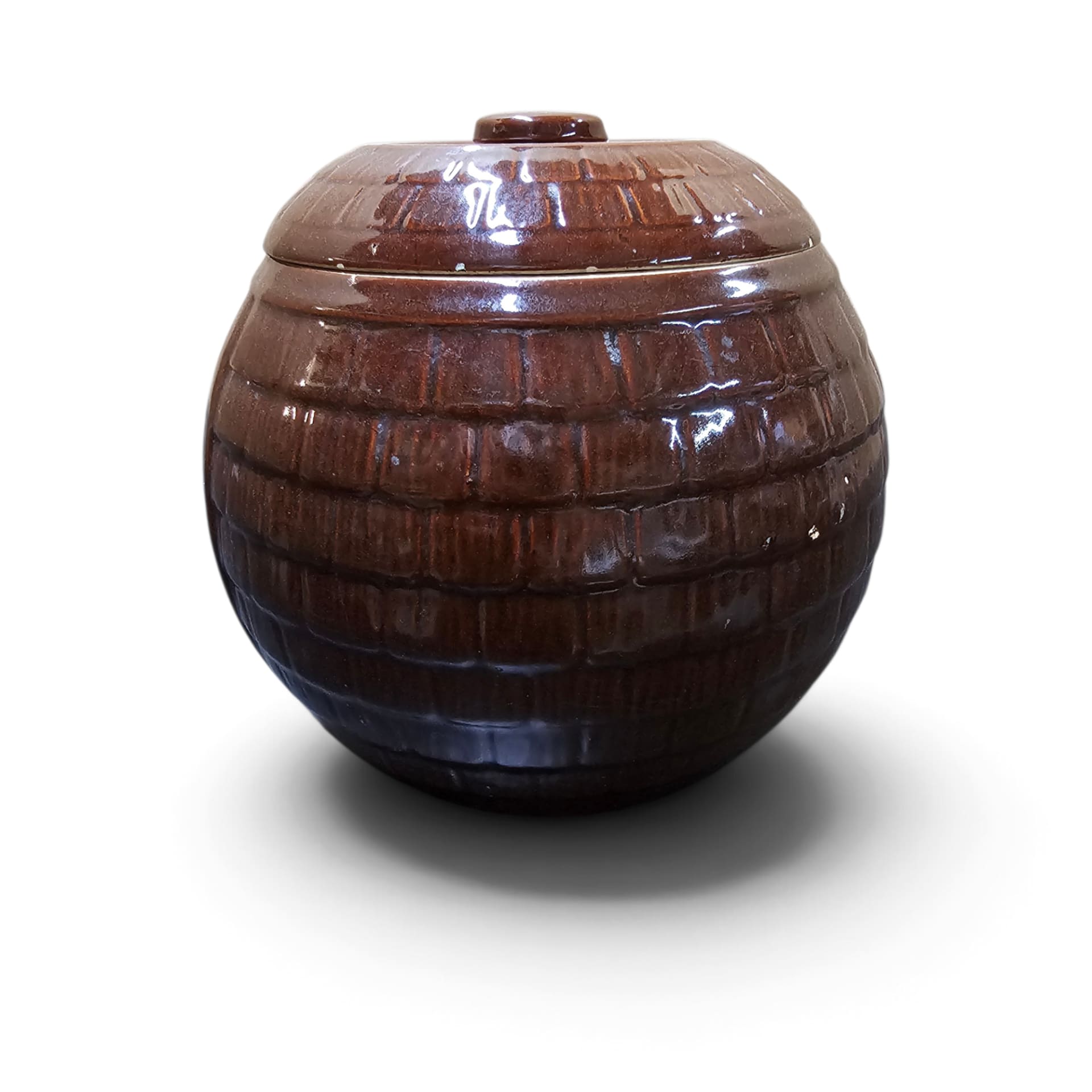 Vintage Unmarked Brown Glazed Stoneware Bean Pot Basket Weave Pattern 7.5"
