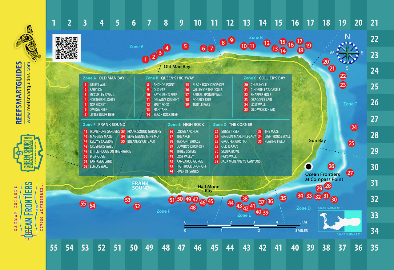 Greenshorts Challenge punch card showing all 55 East End dive sites