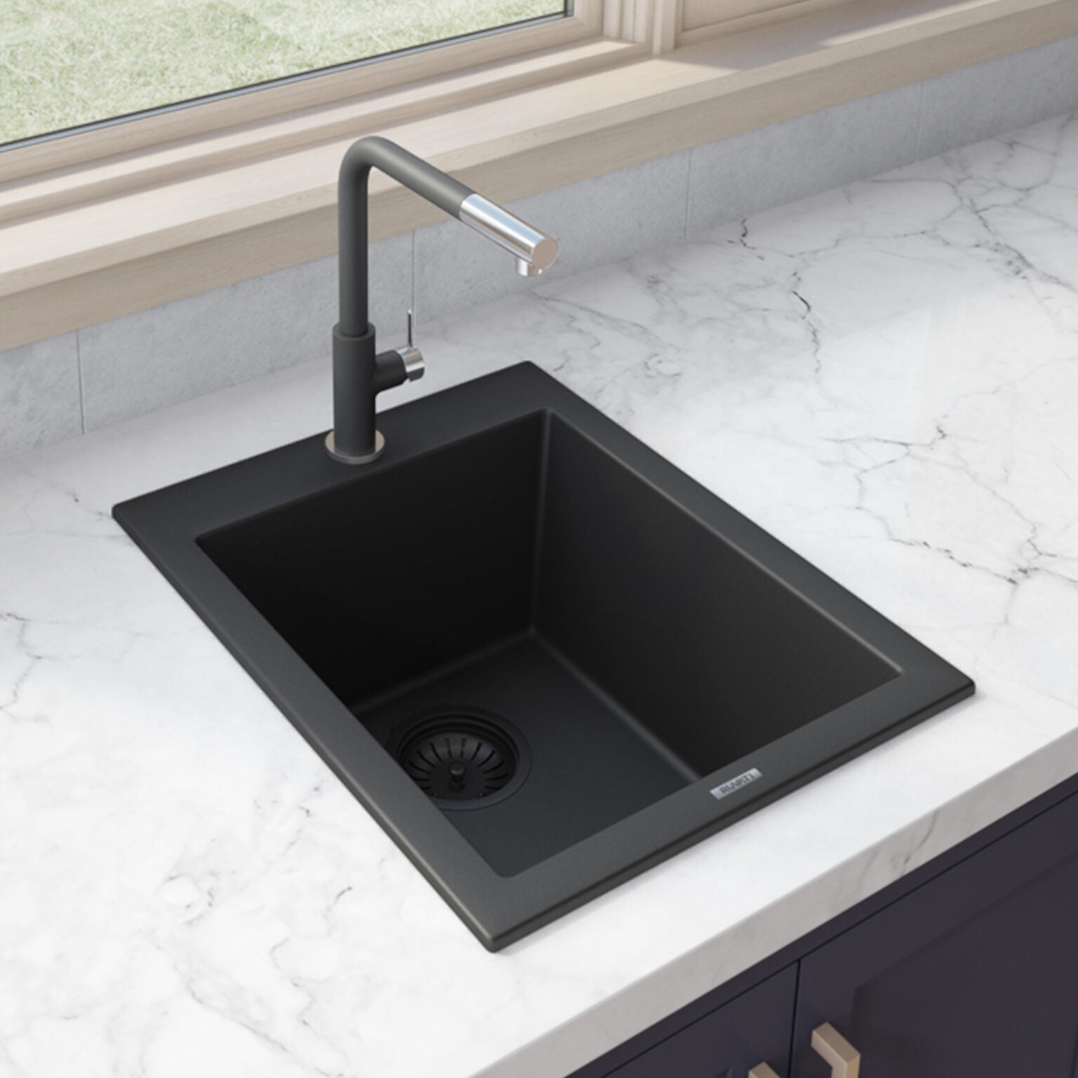 16 x 20 inch epiGranite Drop-in Topmount Granite Composite Single Bowl Kitchen Sink - Midnight Black - RVG1016BK view 3