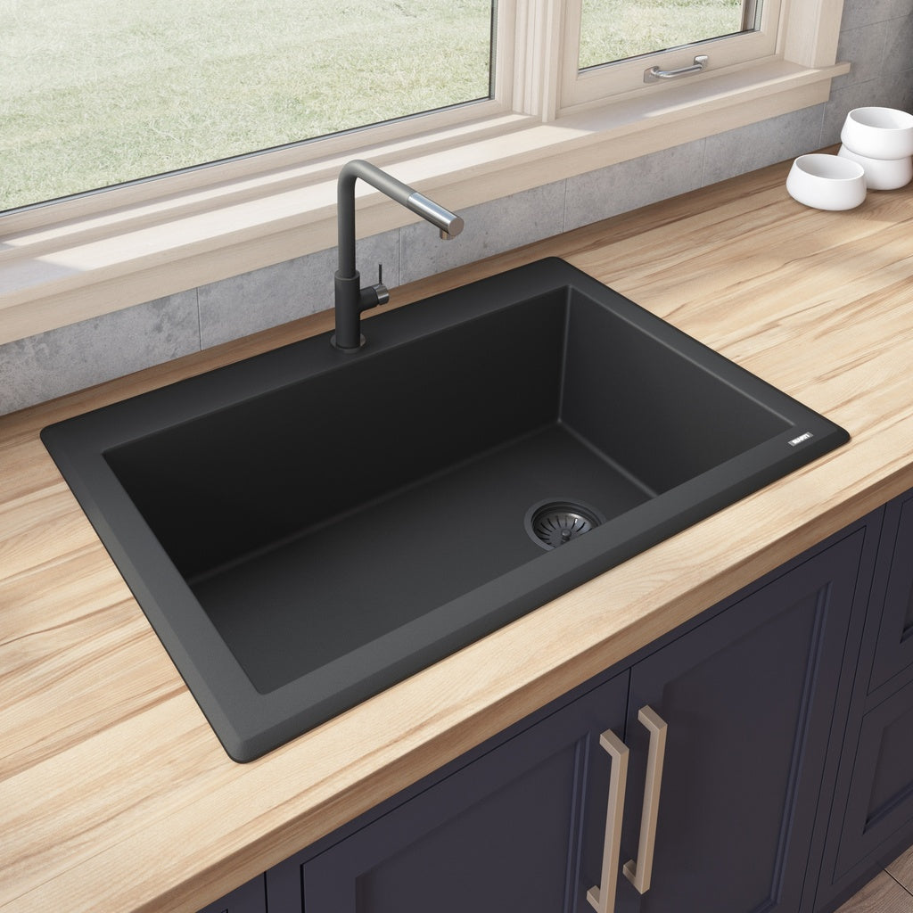 33 x 22 inch epiGranite Drop-in Topmount Granite Composite Single Bowl Kitchen Sink - Midnight Black - RVG1033BK view 2