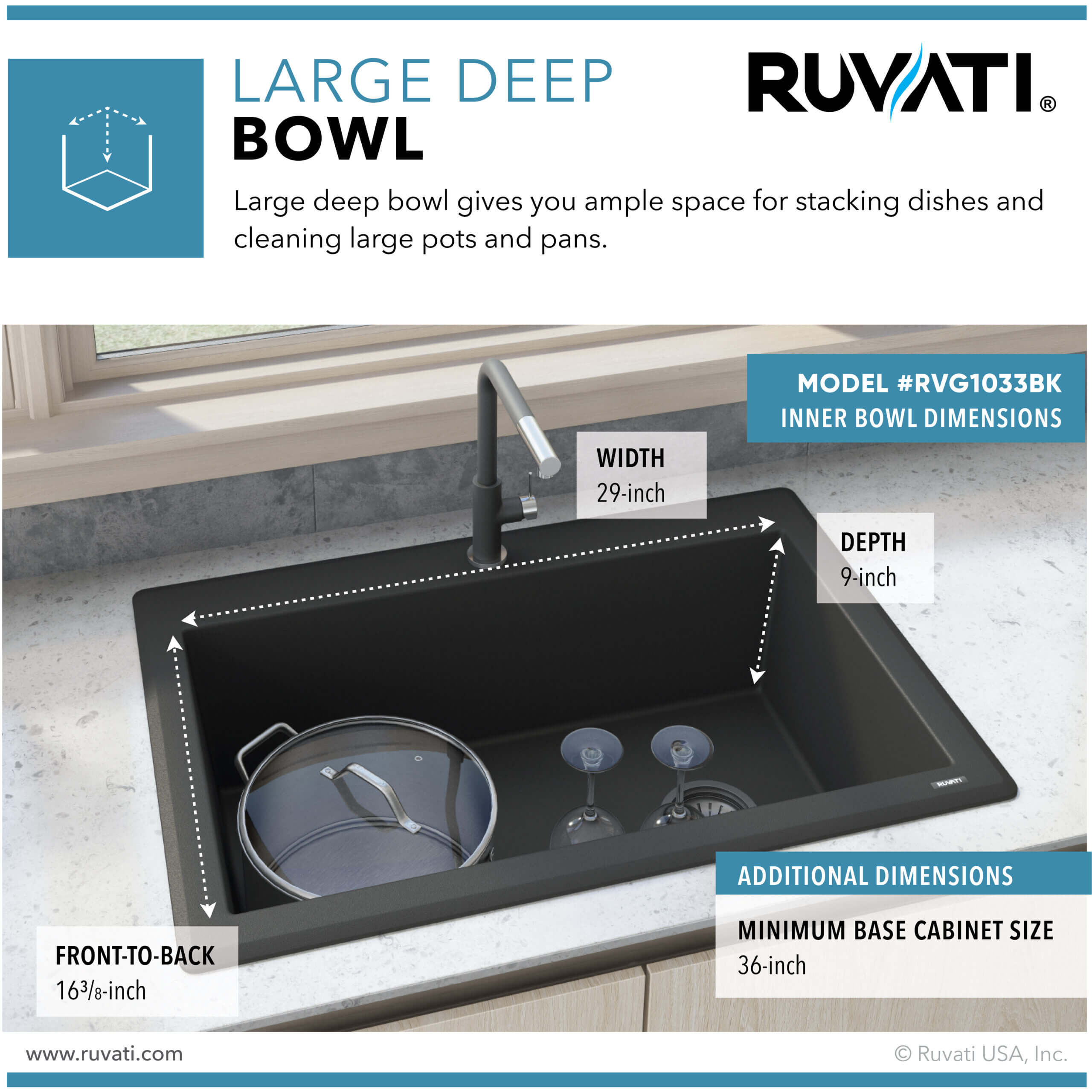 33 x 22 inch epiGranite Drop-in Topmount Granite Composite Single Bowl Kitchen Sink - Midnight Black - RVG1033BK view 5