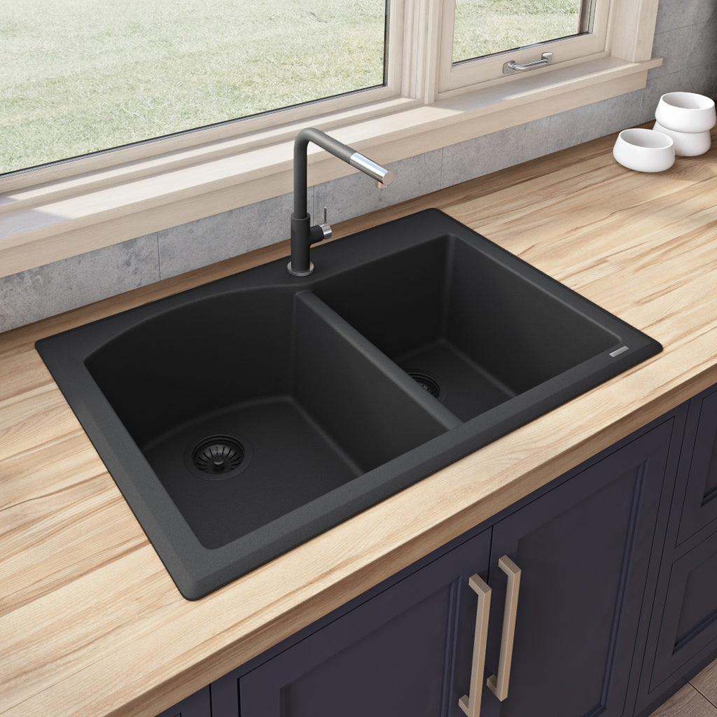 33 x 22 inch epiGranite Dual-Mount Granite Composite Double Bowl Kitchen Sink - Midnight Black - RVG1344BK view 3