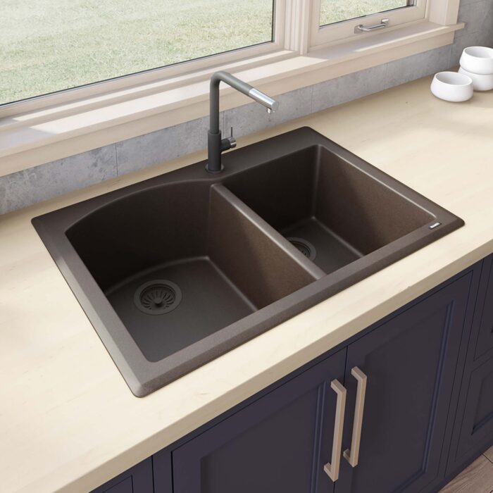 33 x 22 inch epiGranite Dual-Mount Granite Composite Double Bowl Kitchen Sink - Espresso Brown - RVG1344ES view 3