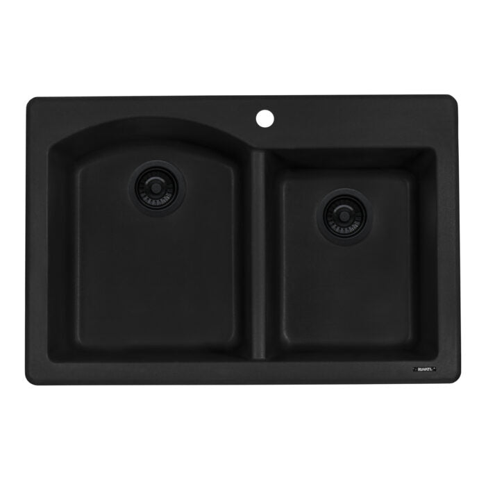 33 x 22 inch epiGranite Dual-Mount Granite Composite Double Bowl Kitchen Sink - Midnight Black - RVG1344BK view 2