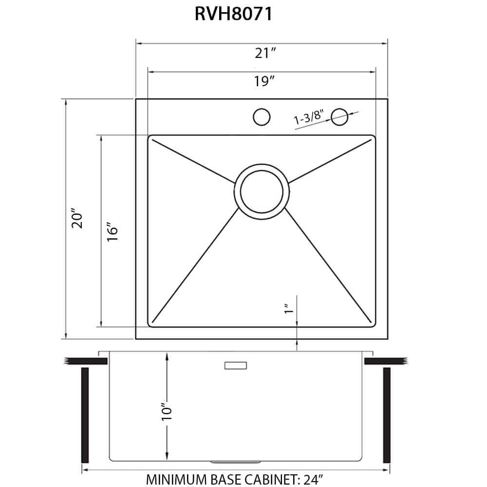 21 inch Drop-in Topmount Rounded 16 Gauge Stainless Steel Kitchen Sink Single Bowl - RVH8071 view 3