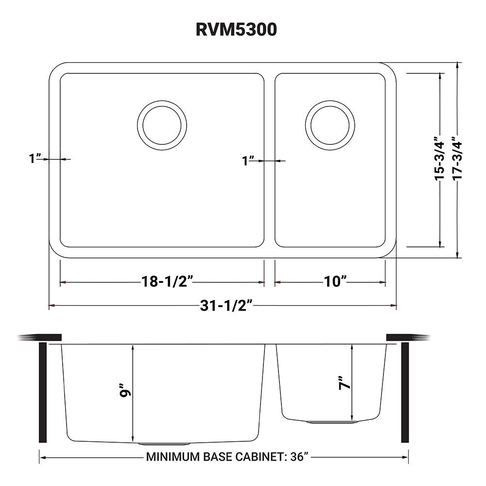 32-inch Undermount Kitchen Sink 70/30 Double Bowl 16 Gauge Stainless Steel - RVM5300 view 5