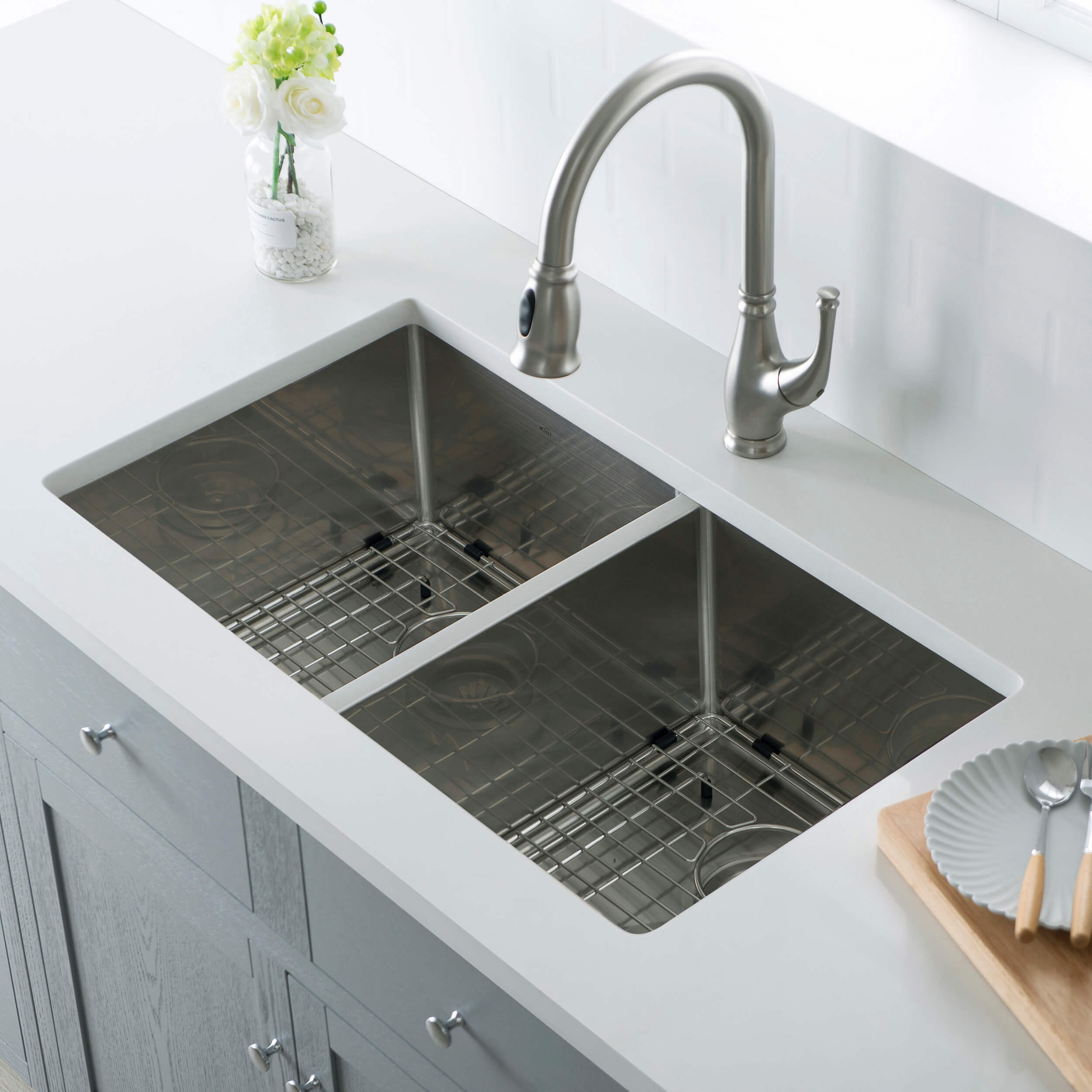 32 3/4″ Handcrafted Undermount Double Bowl Stainless Steel Kitchen Sink – K1-D33-EQ view 3