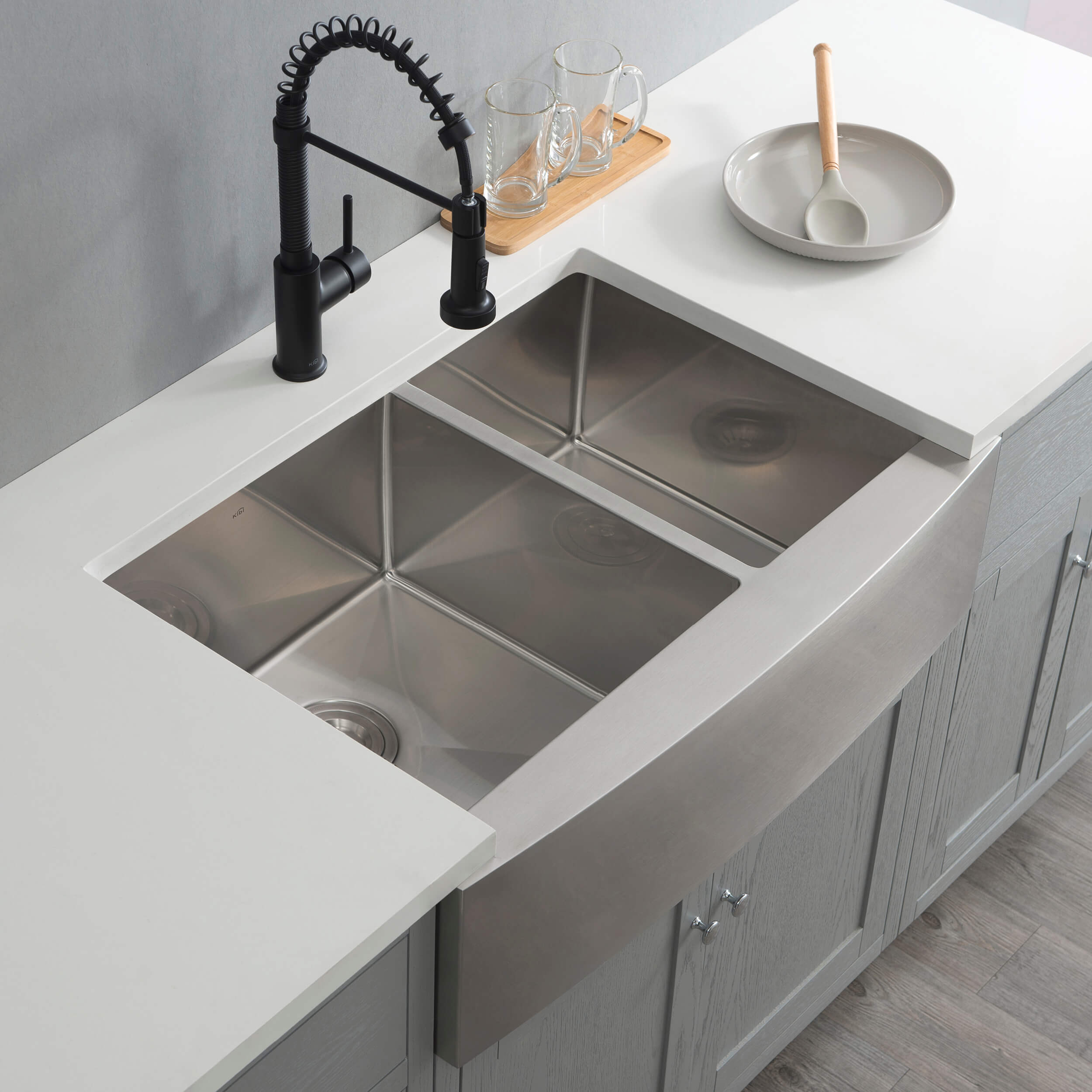 33″ Handcrafted Farmhouse Apron Double Bowl Stainless Steel Kitchen Sink – K1-DF33 view 2