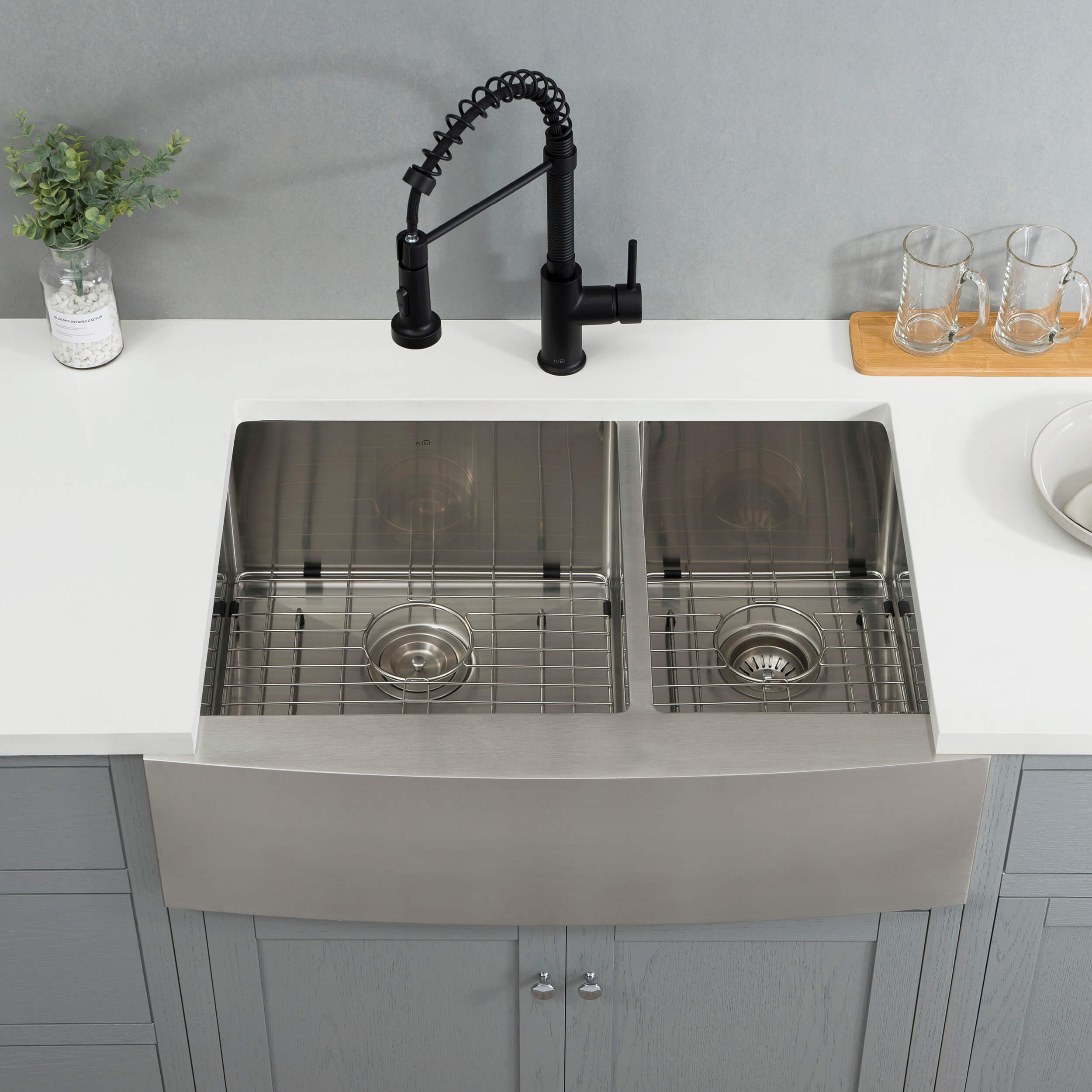 33″ Handcrafted Farmhouse Apron Double Bowl Stainless Steel Kitchen Sink – K1-DF33 view 3