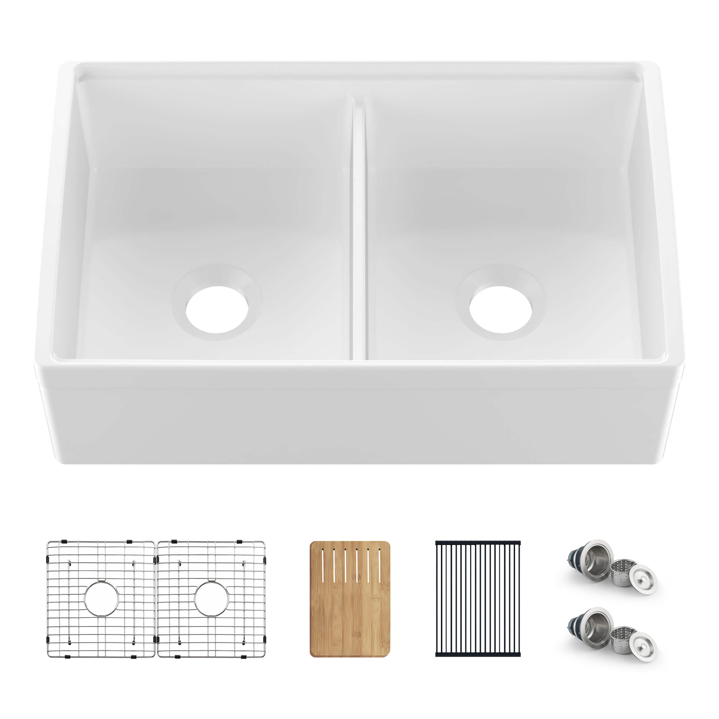 33″ Pure Fireclay Double Bowl Farmhouse Kitchen Workstation Sink – K2-DF33T view 1
