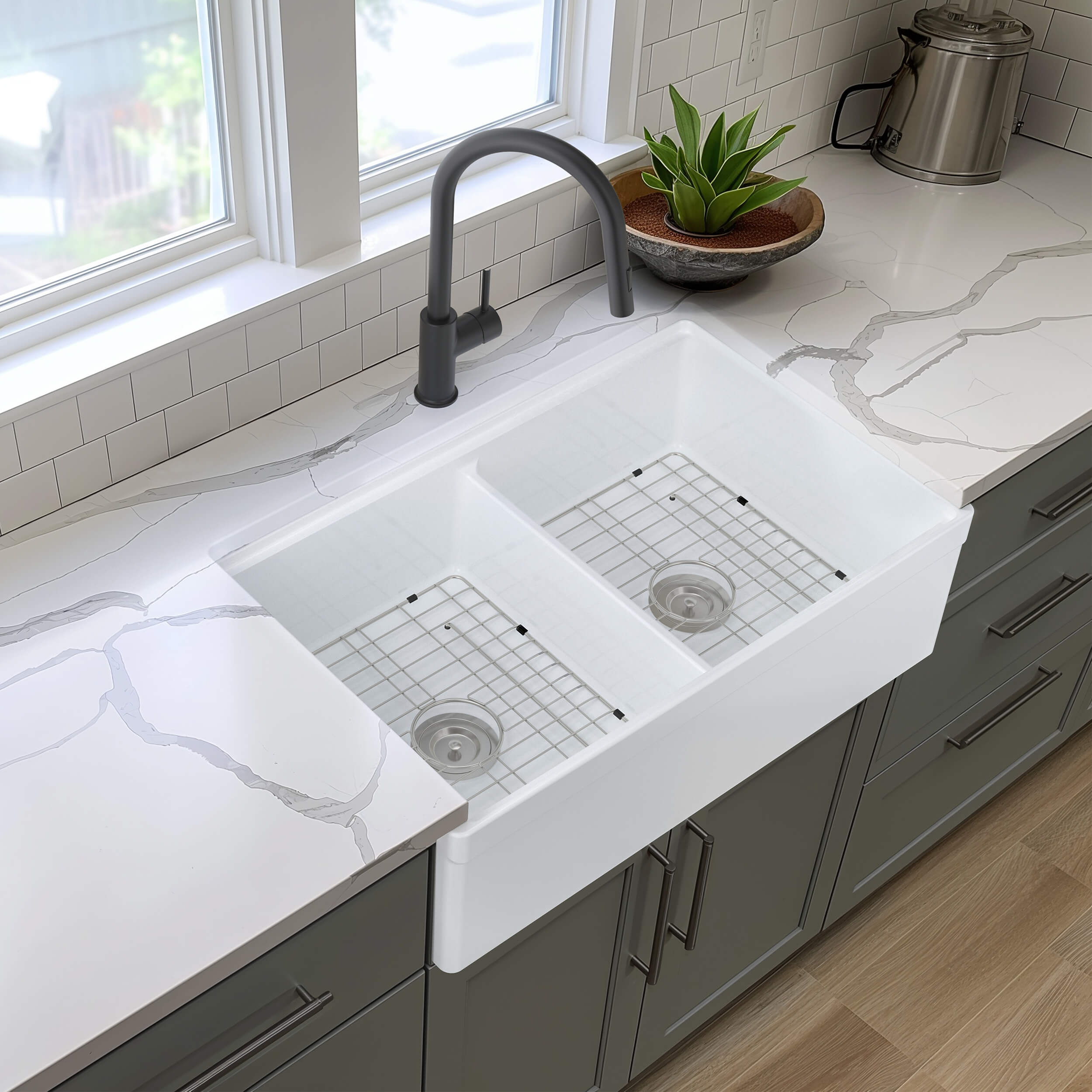 33″ Pure Fireclay Double Bowl Farmhouse Kitchen Workstation Sink – K2-DF33T view 4