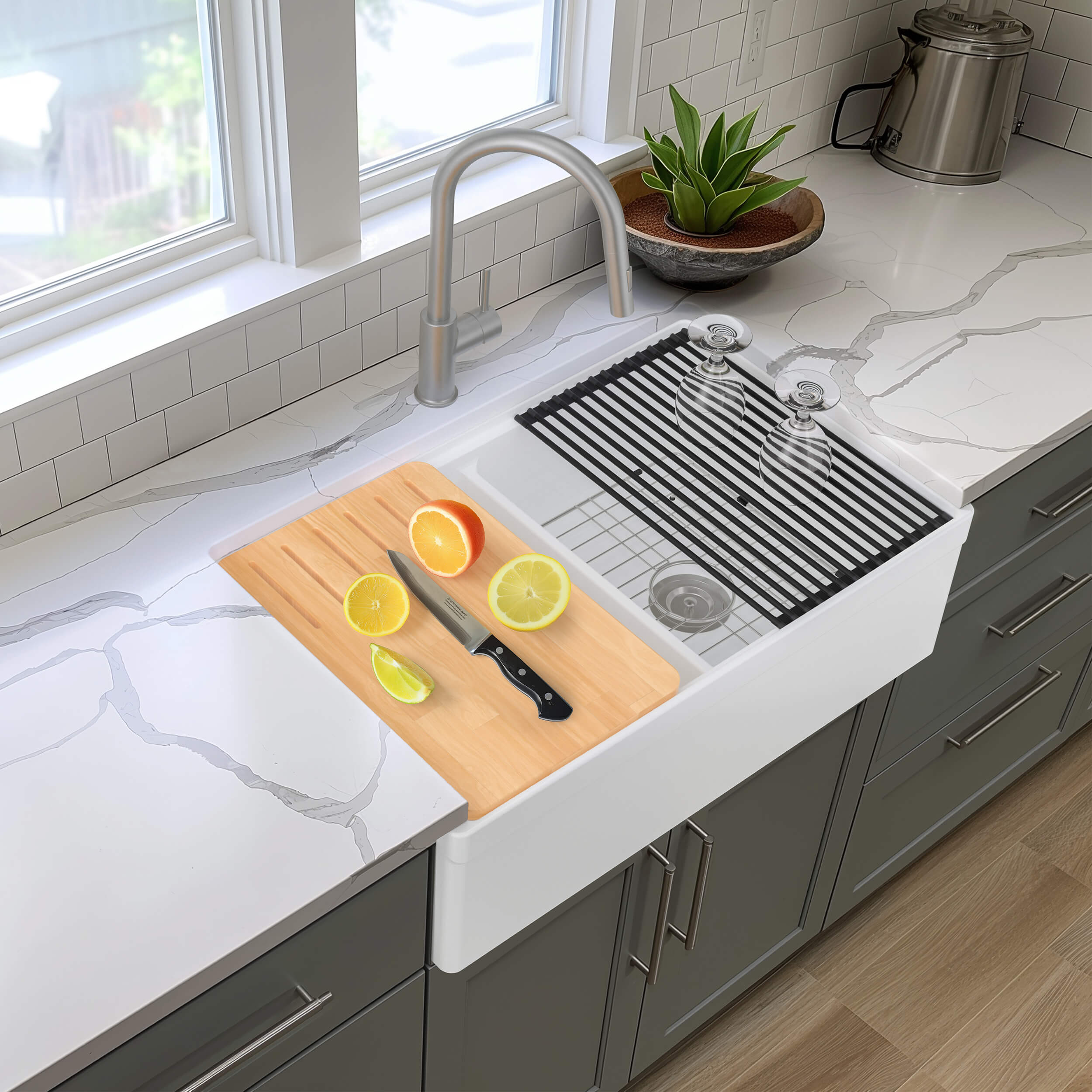 33″ Pure Fireclay Double Bowl Farmhouse Kitchen Workstation Sink – K2-DF33T view 2