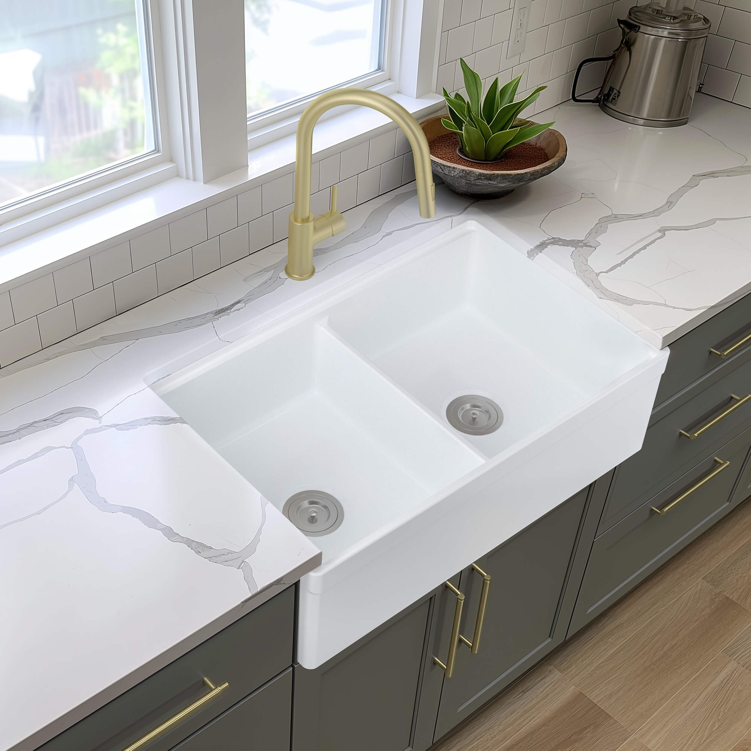 33″ Pure Fireclay Double Bowl Farmhouse Kitchen Workstation Sink – K2-DF33T view 5