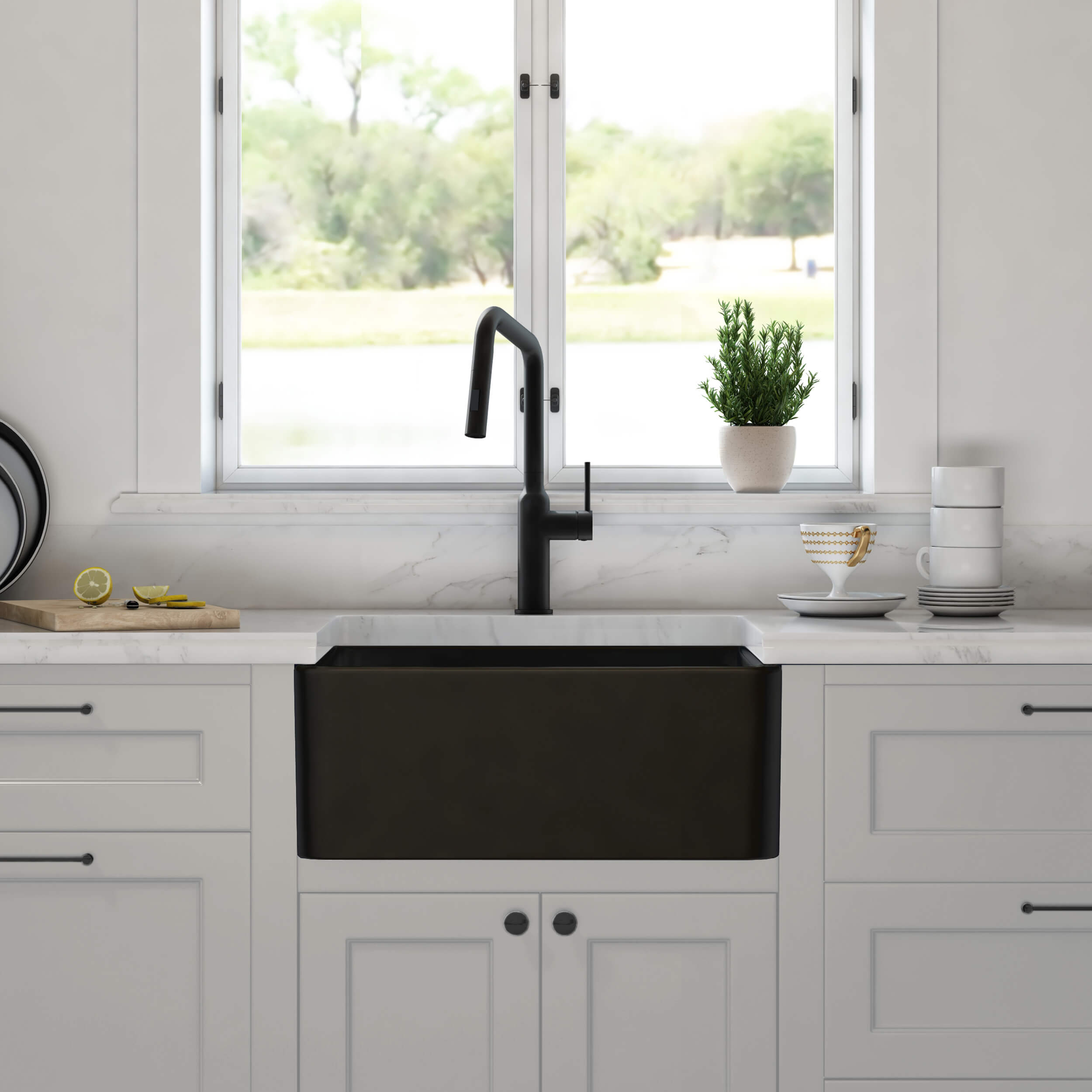 Pure 24″ Fireclay Kitchen Farmhouse Apron Front Single Bowl Sink - K2-SF24MB view 3