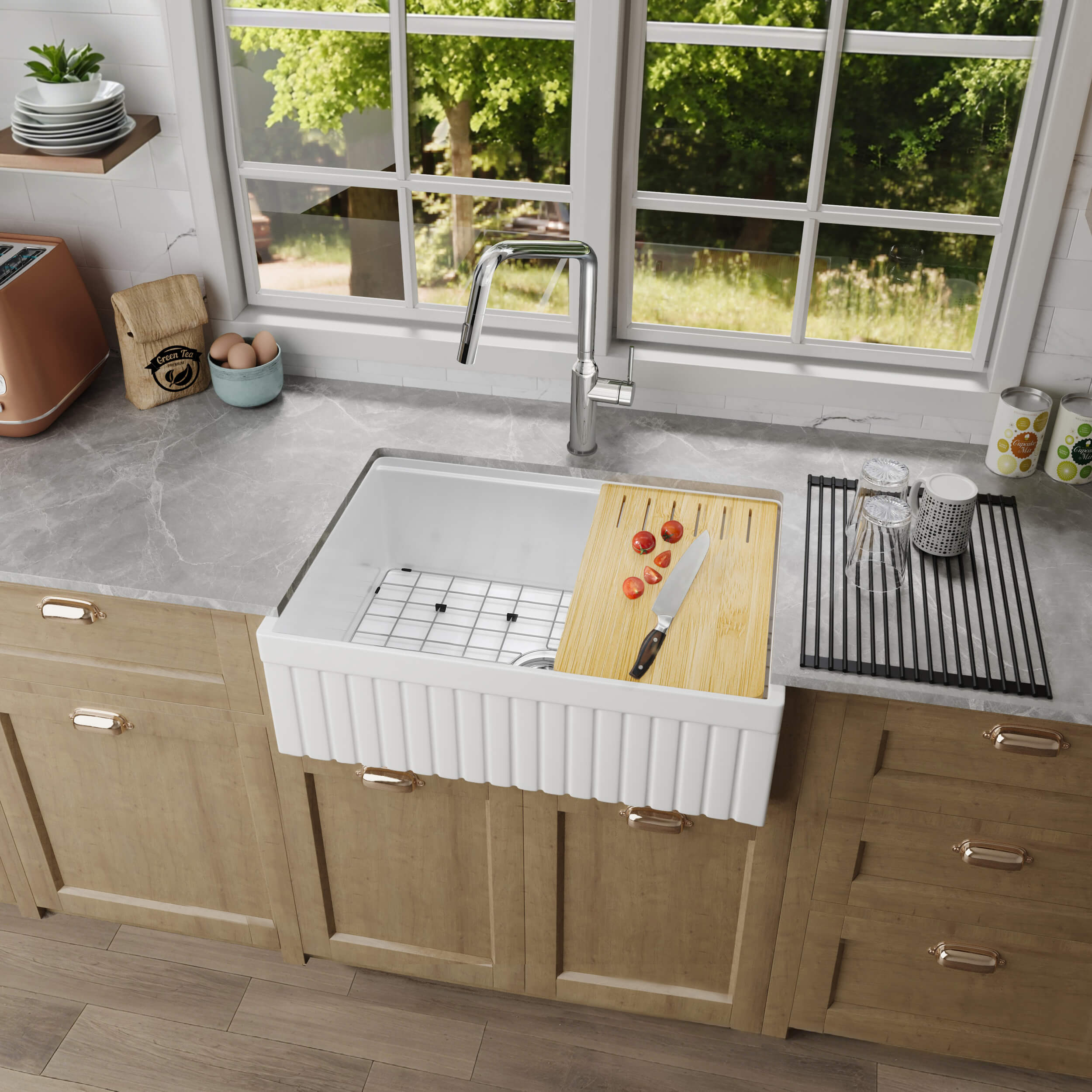 Pillar 30″ Kitchen Farmhouse Fireclay Workstation Sink - K2-SF30PIT view 2