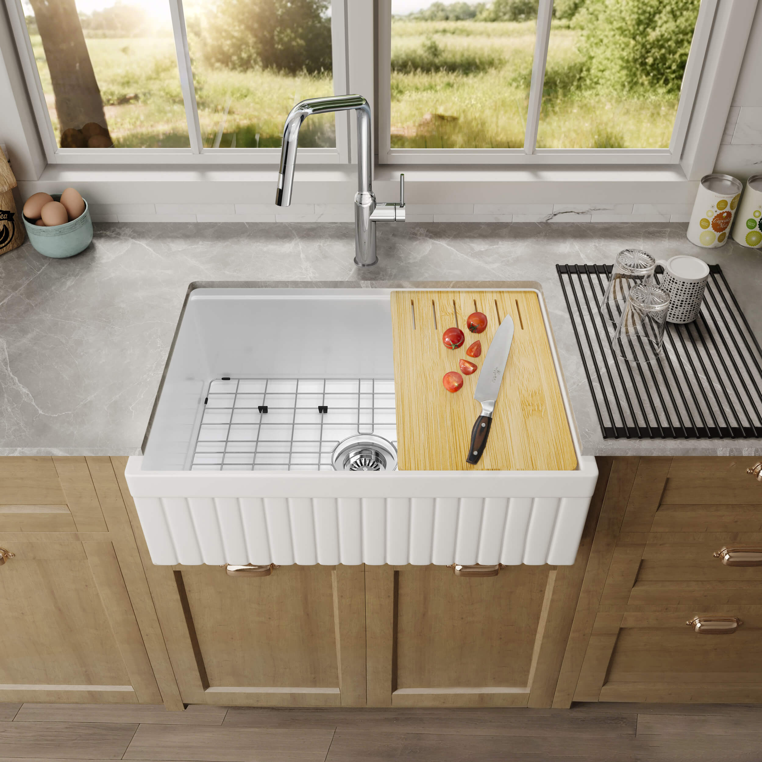 Pillar 30″ Kitchen Farmhouse Fireclay Workstation Sink - K2-SF30PIT view 3