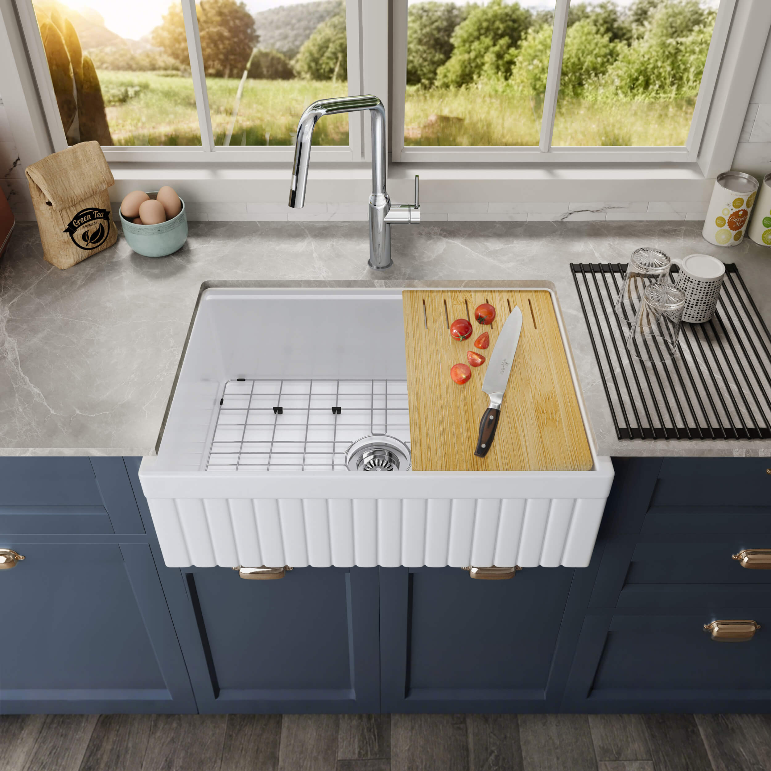 Pillar 30″ Kitchen Farmhouse Fireclay Workstation Sink - K2-SF30PIT view 5