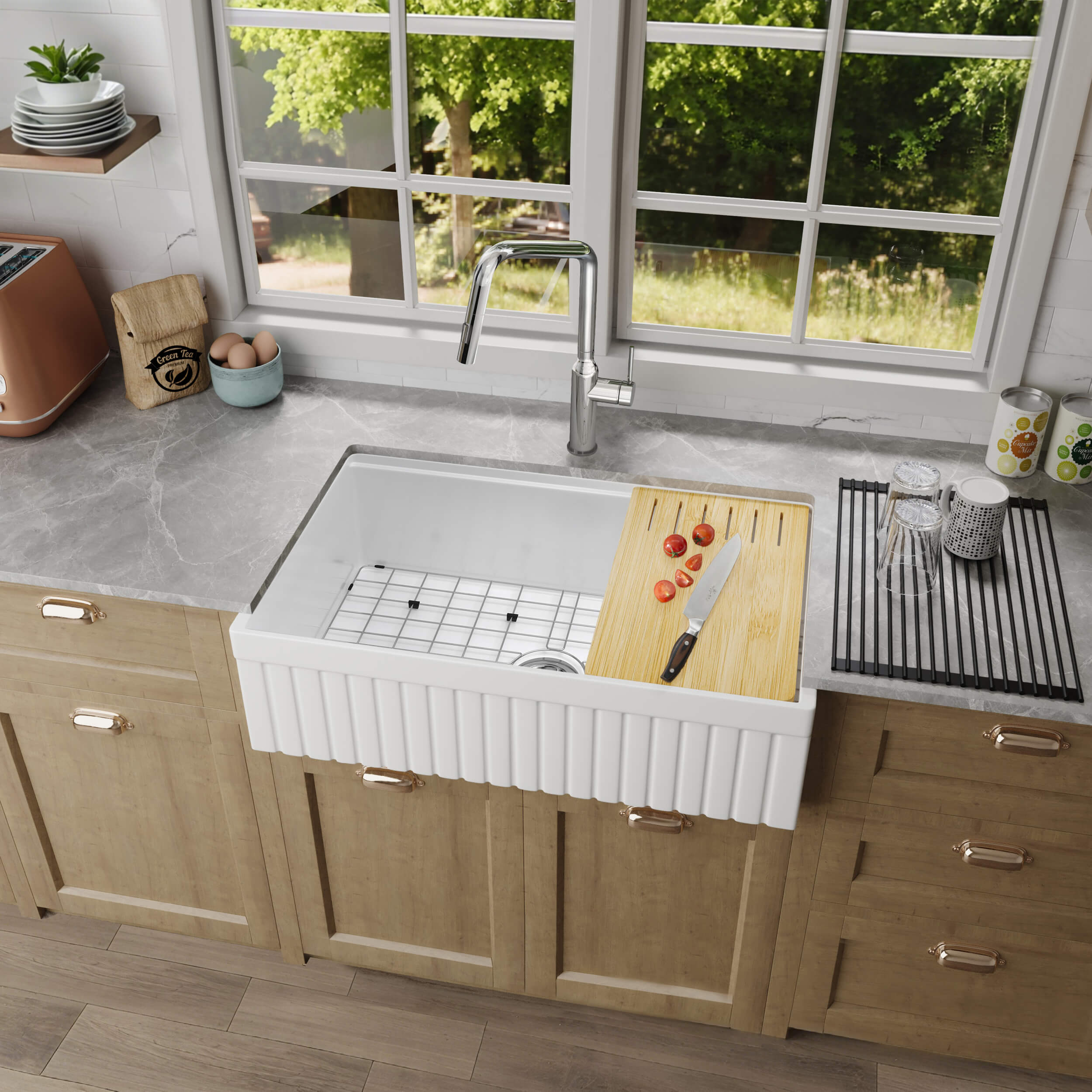 Pillar 33″ Kitchen Farmhouse Fireclay Workstation Sink - K2-SF33PIT view 2