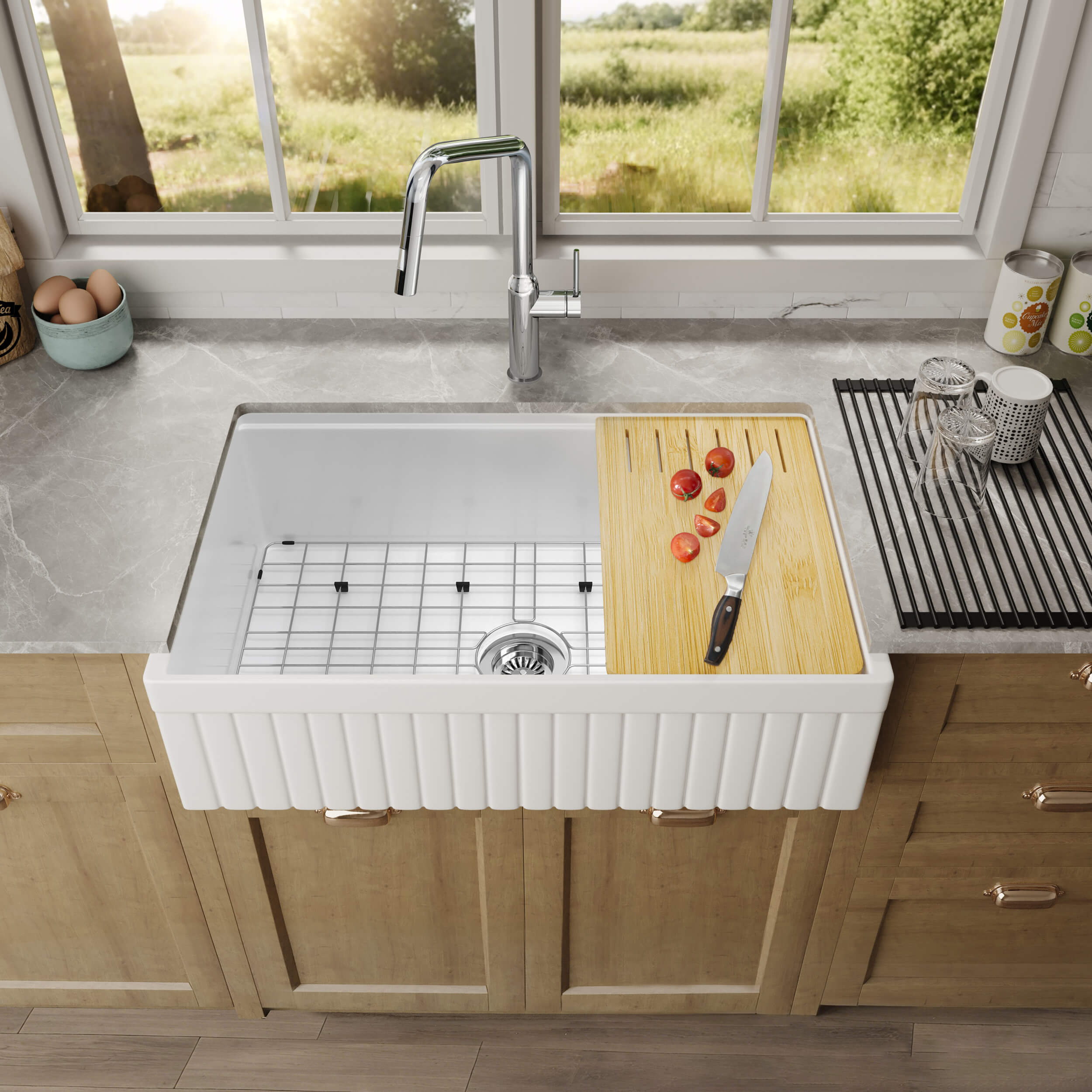 Pillar 33″ Kitchen Farmhouse Fireclay Workstation Sink - K2-SF33PIT view 3
