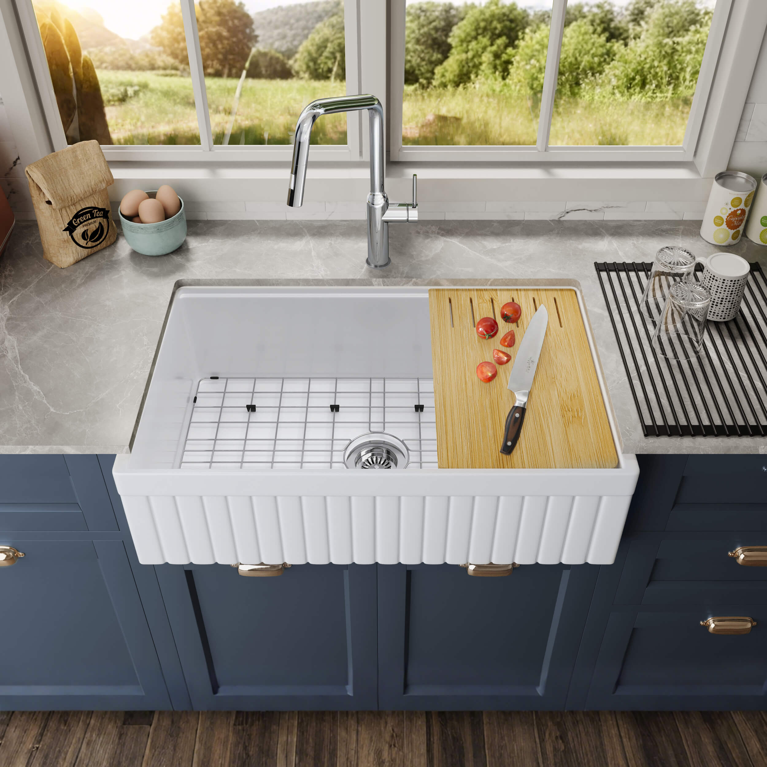 Pillar 33″ Kitchen Farmhouse Fireclay Workstation Sink - K2-SF33PIT view 5