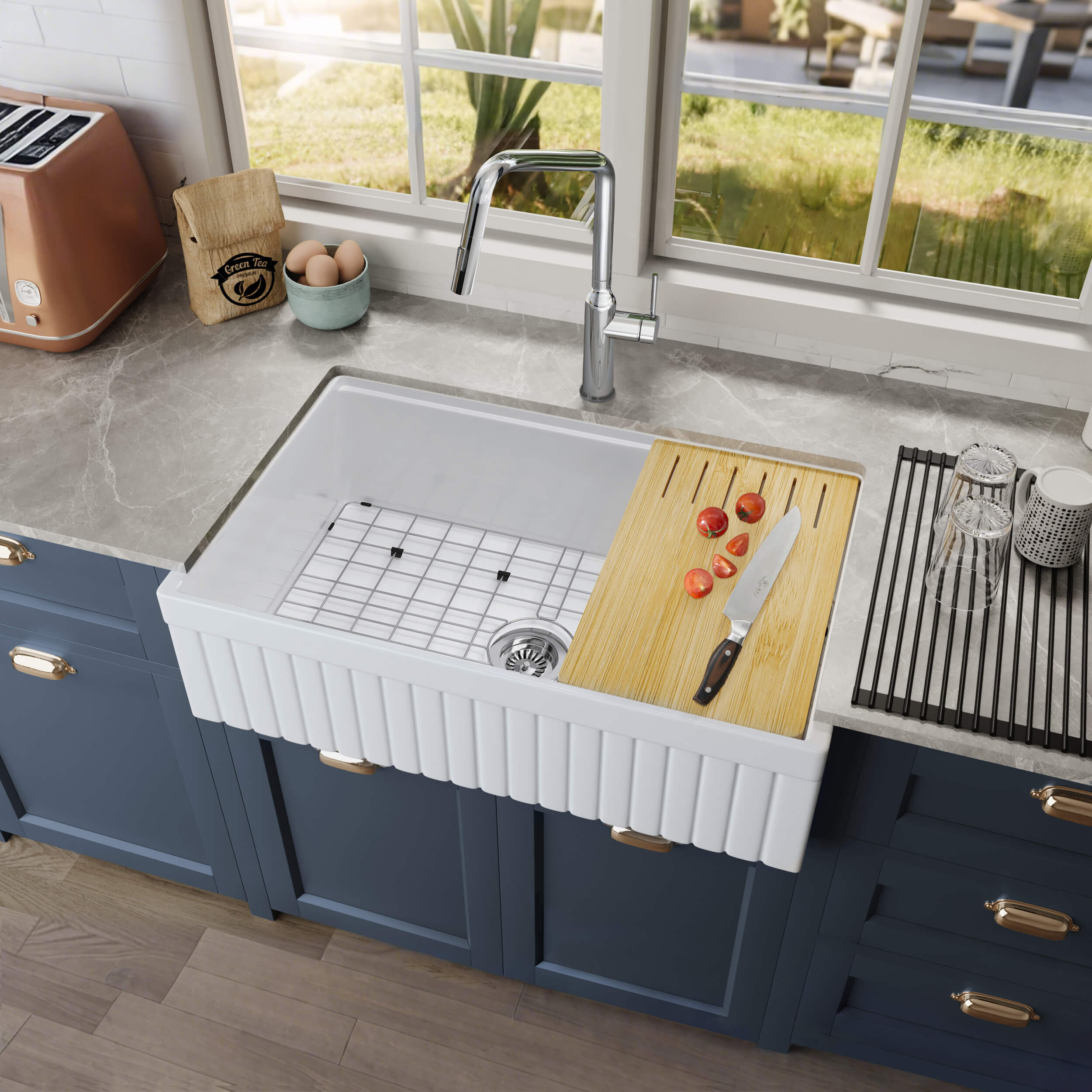 Pillar 33″ Kitchen Farmhouse Fireclay Workstation Sink - K2-SF33PIT view 4