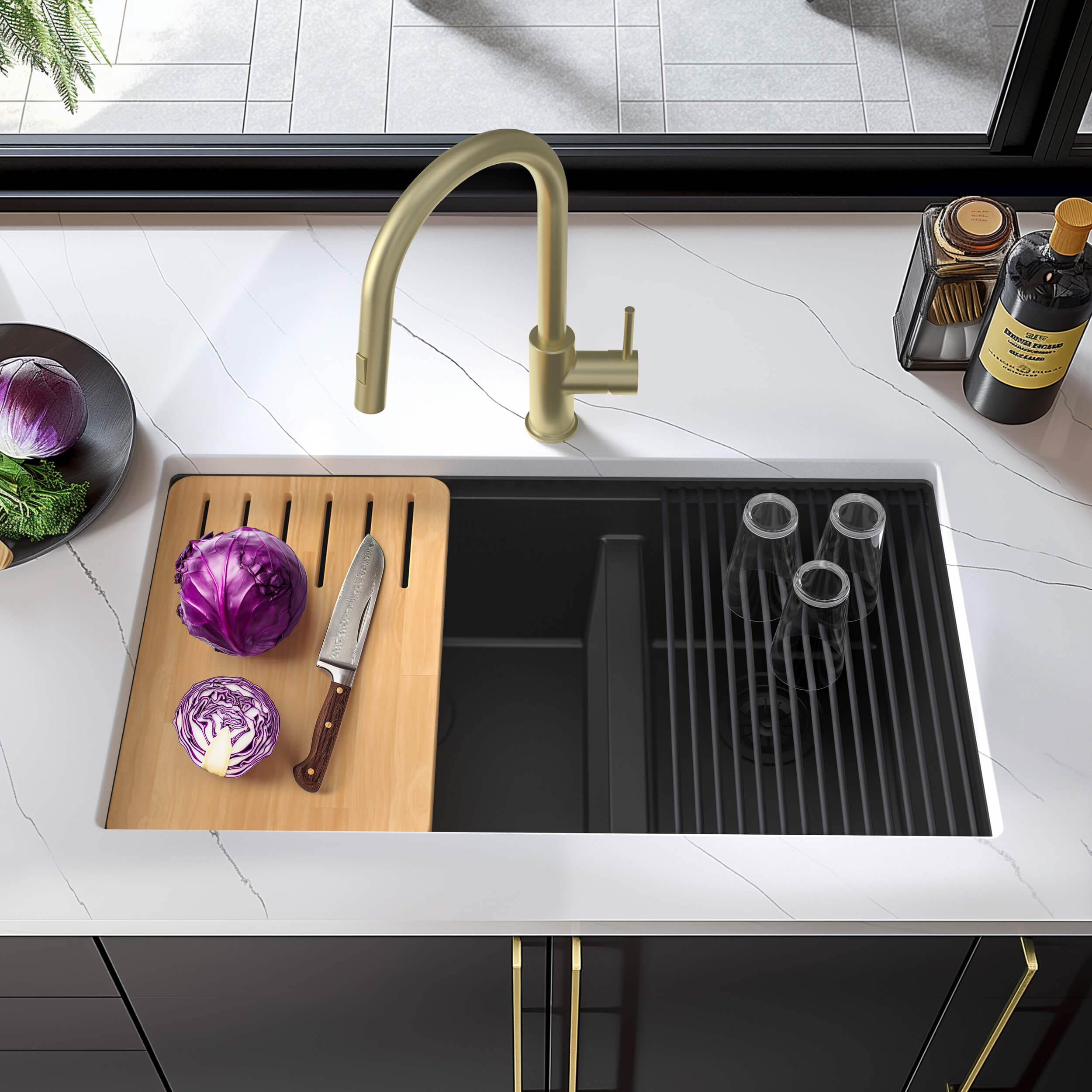 33″ Undermount Workstation Double Bowl Quartz Kitchen Sink – K4-D33T view 3