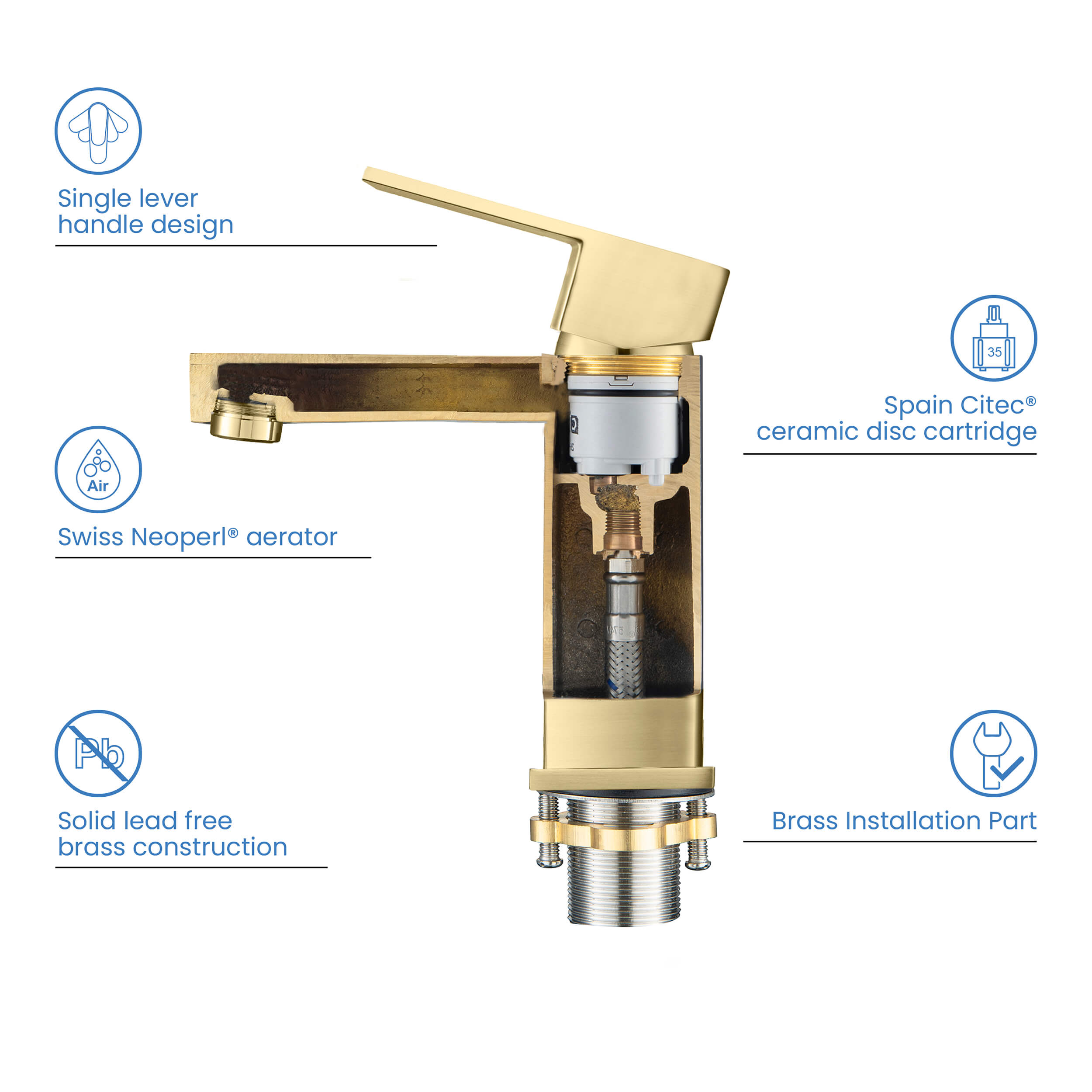 Cubic Brass Single Handle Bathroom Vanity Sink Faucet, Lavatory Sink Faucet - C-KBF1002-KPW100 view 5