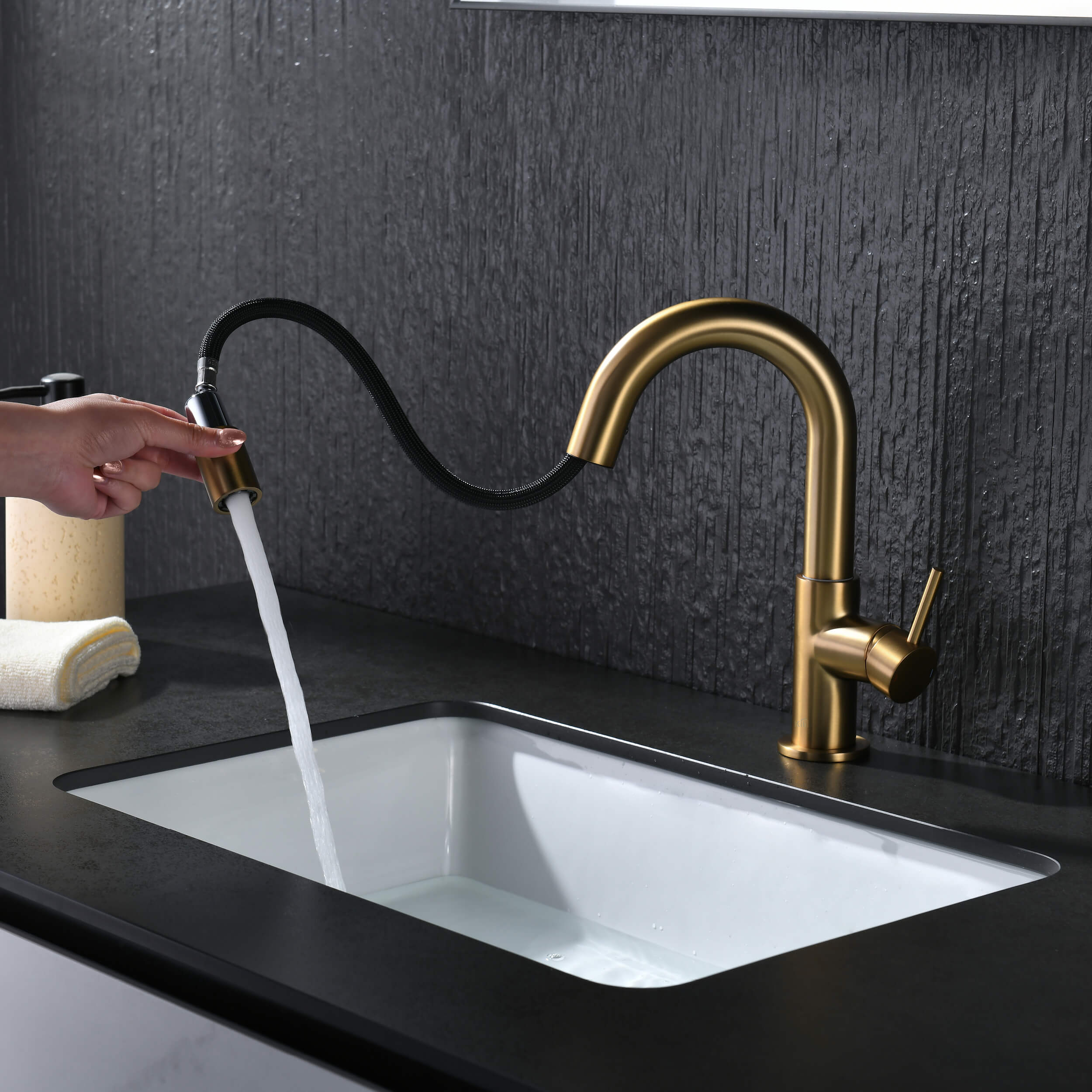 Circular Single Handle High-Arc Pull Down Sprayer Bathroom Vanity Sink Faucet - C-KBF1077 view 5